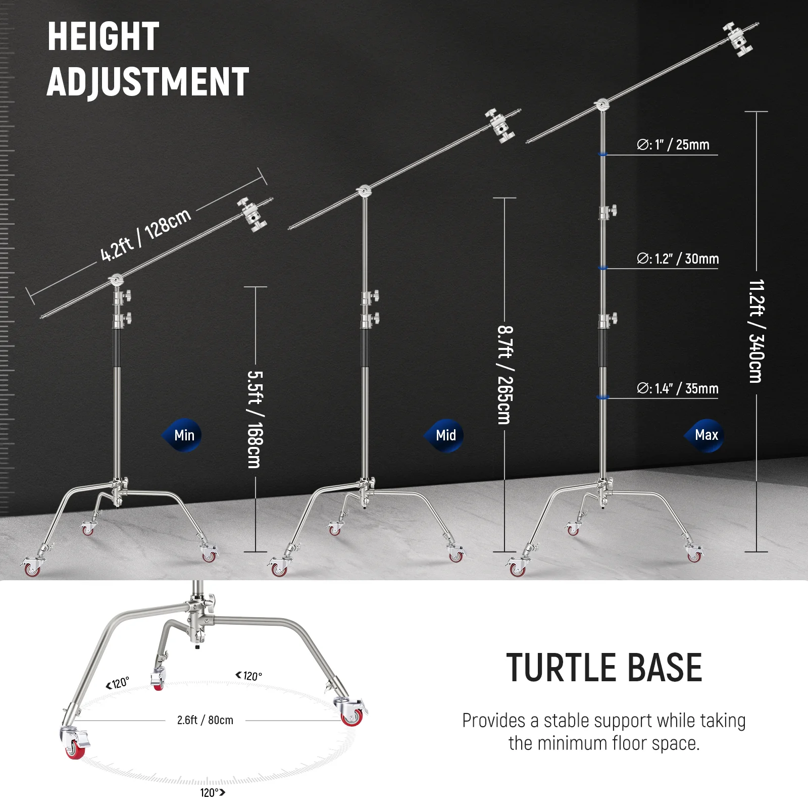 NEEWER Pro 330cm/340cm Stainless Steel Air Cushion C Stand with Boom Arm - Image 12