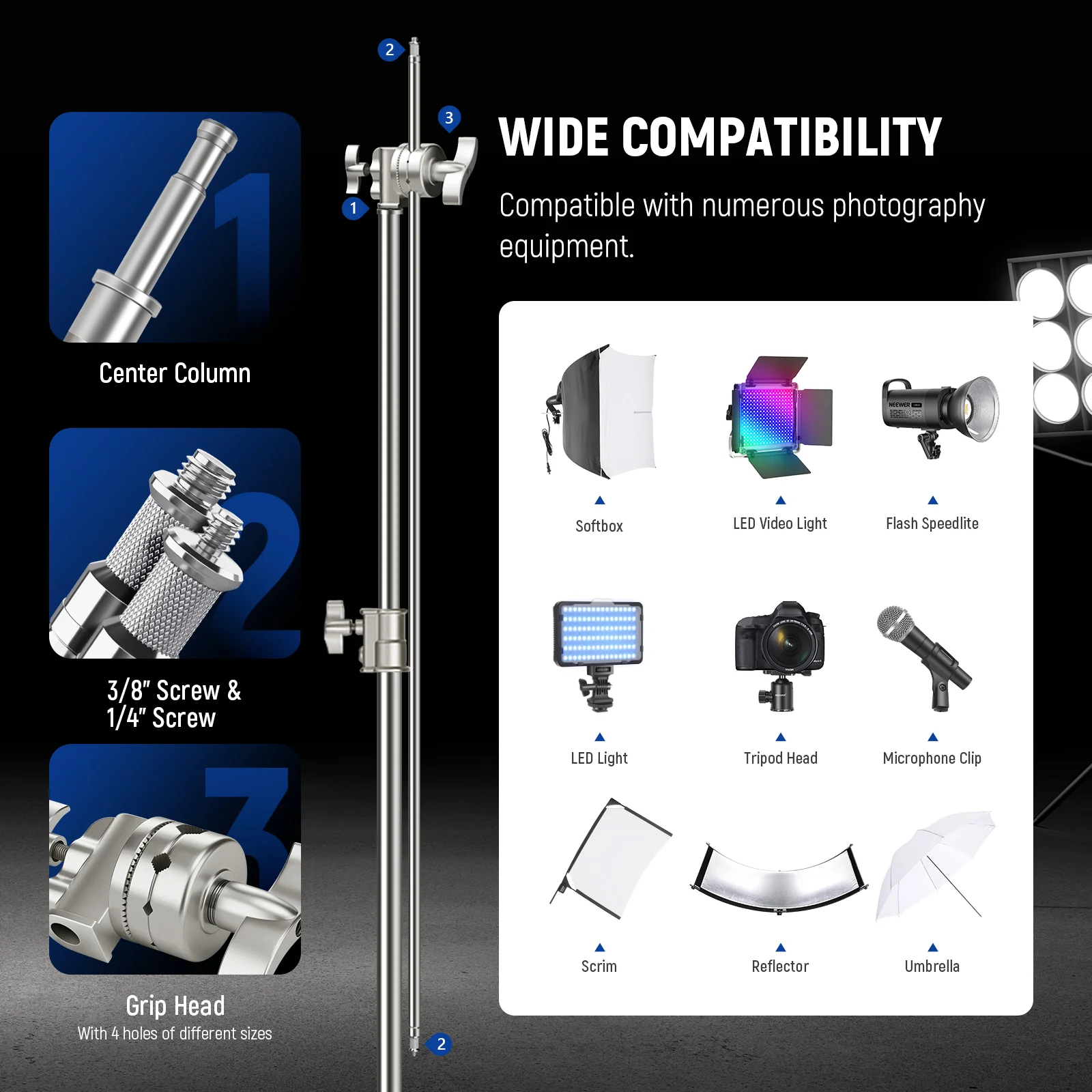 NEEWER Pro 330cm/340cm Stainless Steel Air Cushion C Stand with Boom Arm - Image 15