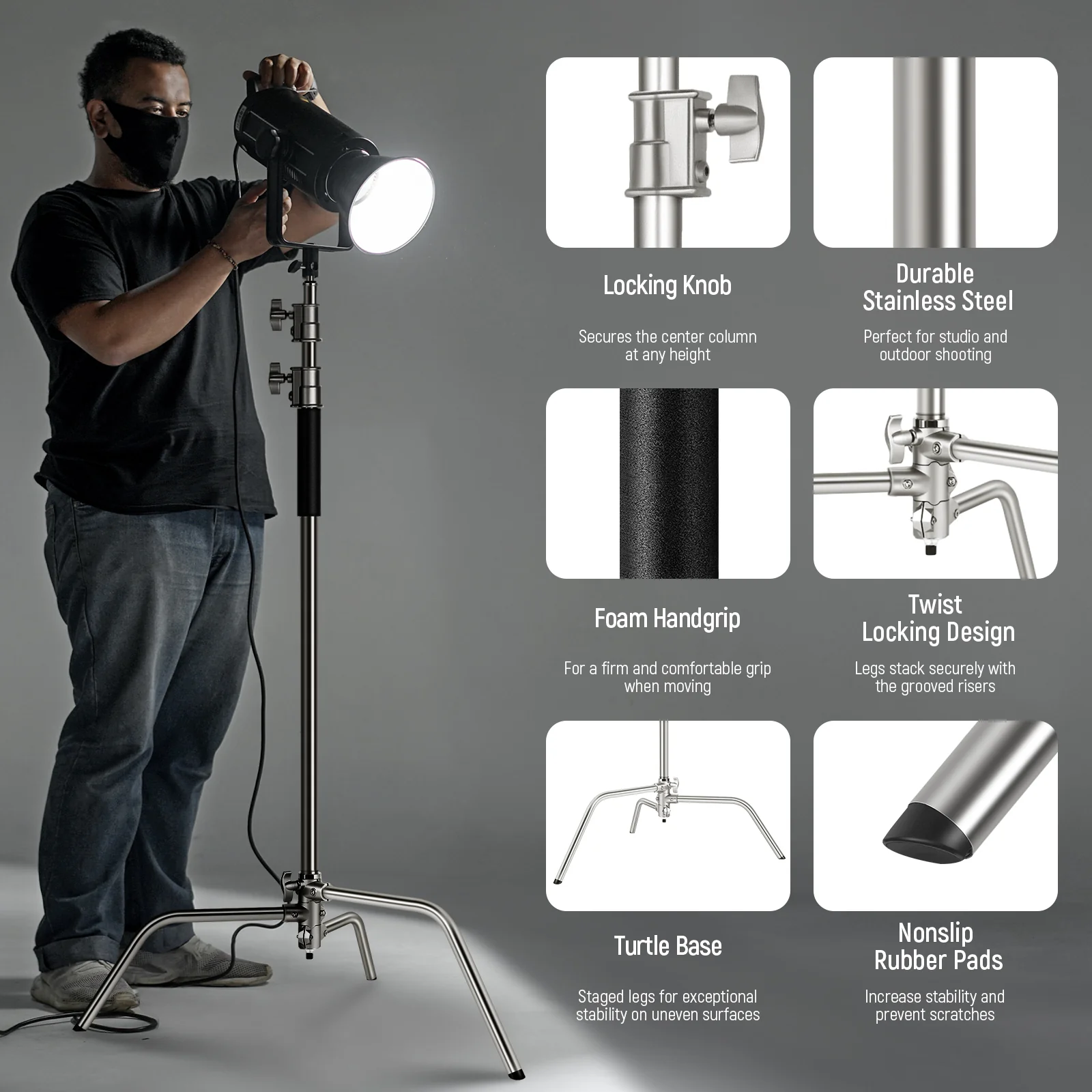 NEEWER Pro 330cm/340cm Stainless Steel Air Cushion C Stand with Boom Arm - Image 17