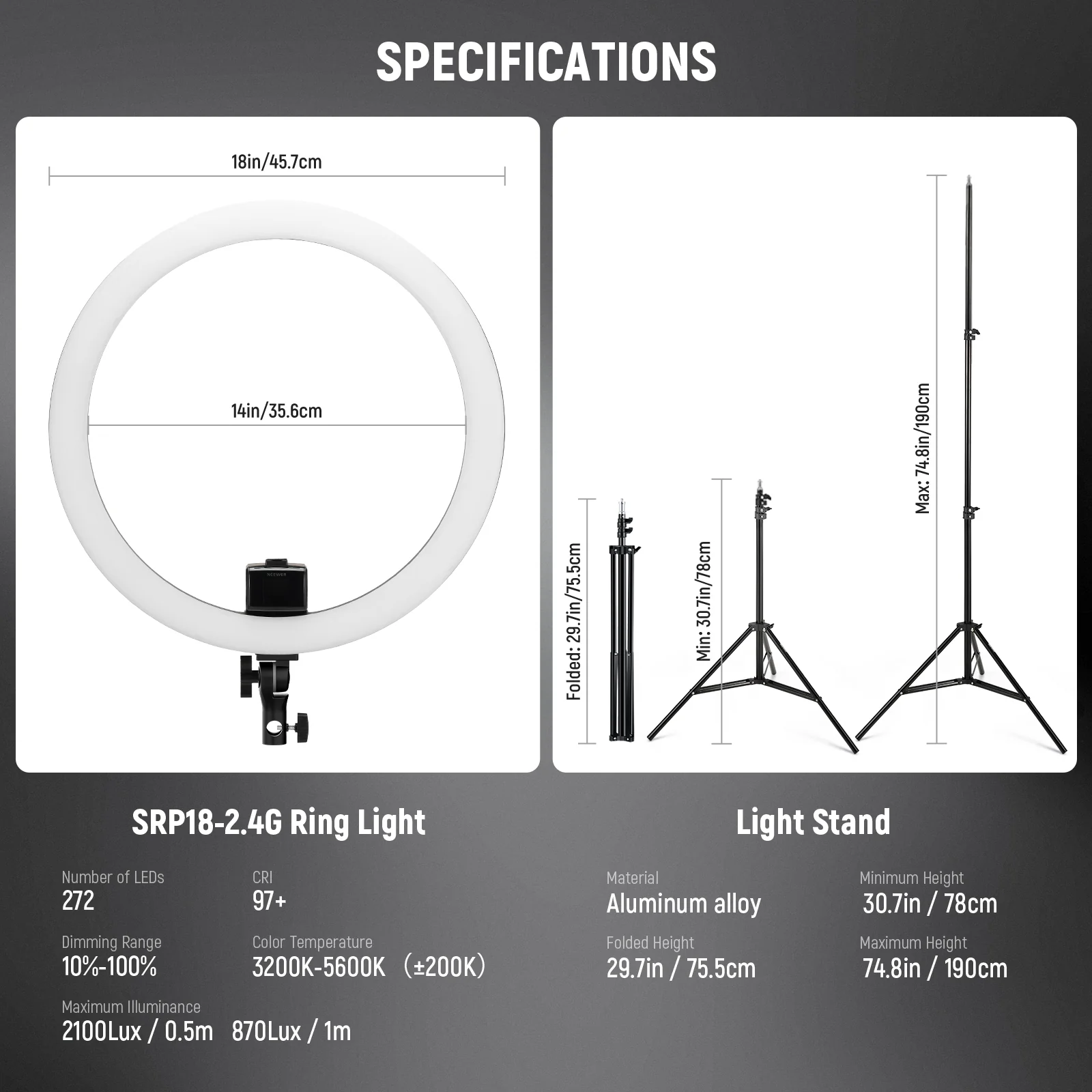 NEEWER SRP18-2.4G 18" 42W LED Ring Light Kit with Stand - Image 6