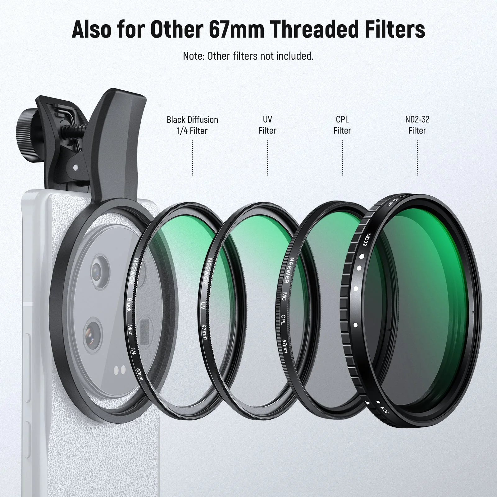 NEEWER 2 in 1 67mm Clip On CPL & Black Mist Diffusion 1/4 Filter For Smartphone - Image 15