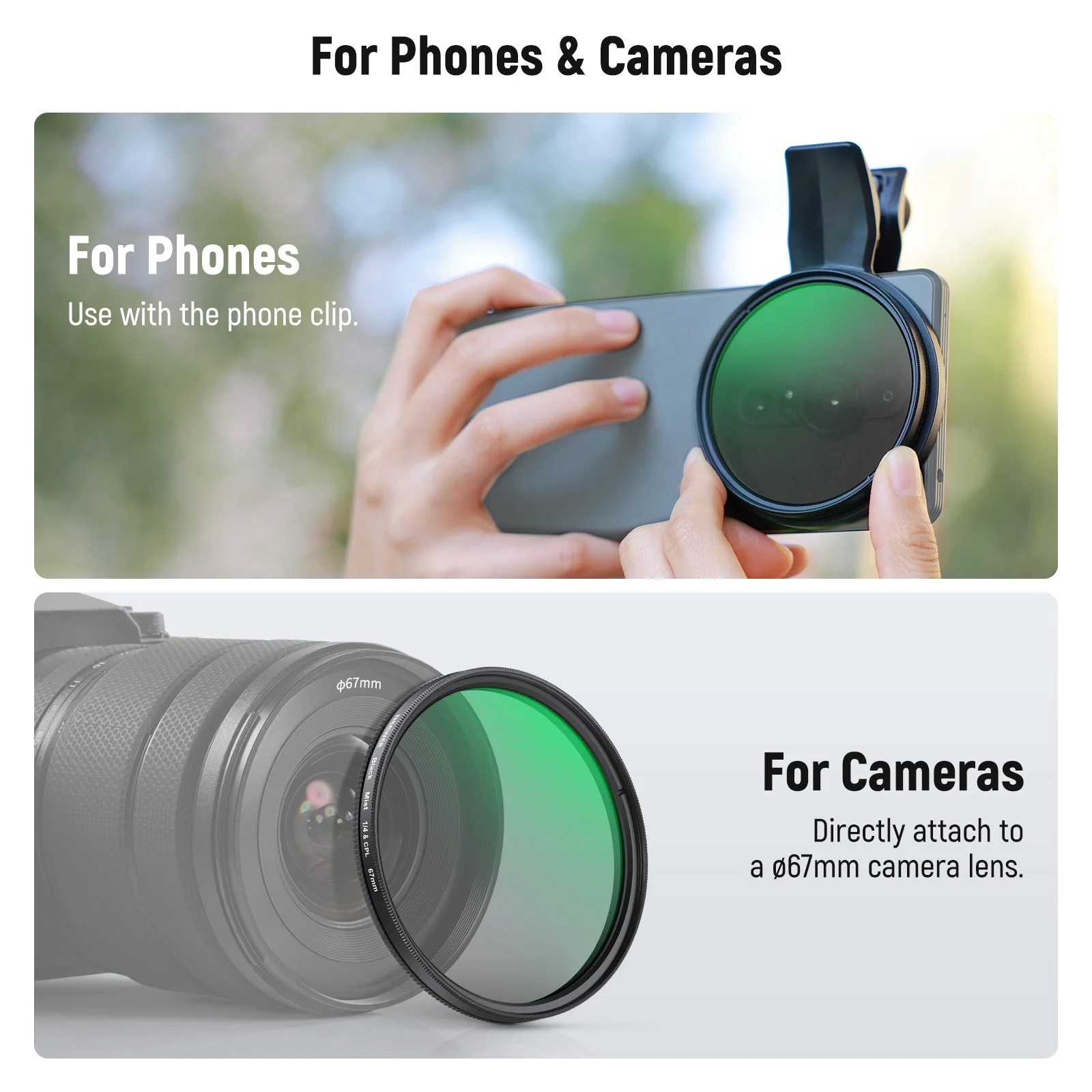 NEEWER 2 in 1 67mm Clip On CPL & Black Mist Diffusion 1/4 Filter For Smartphone - Image 16