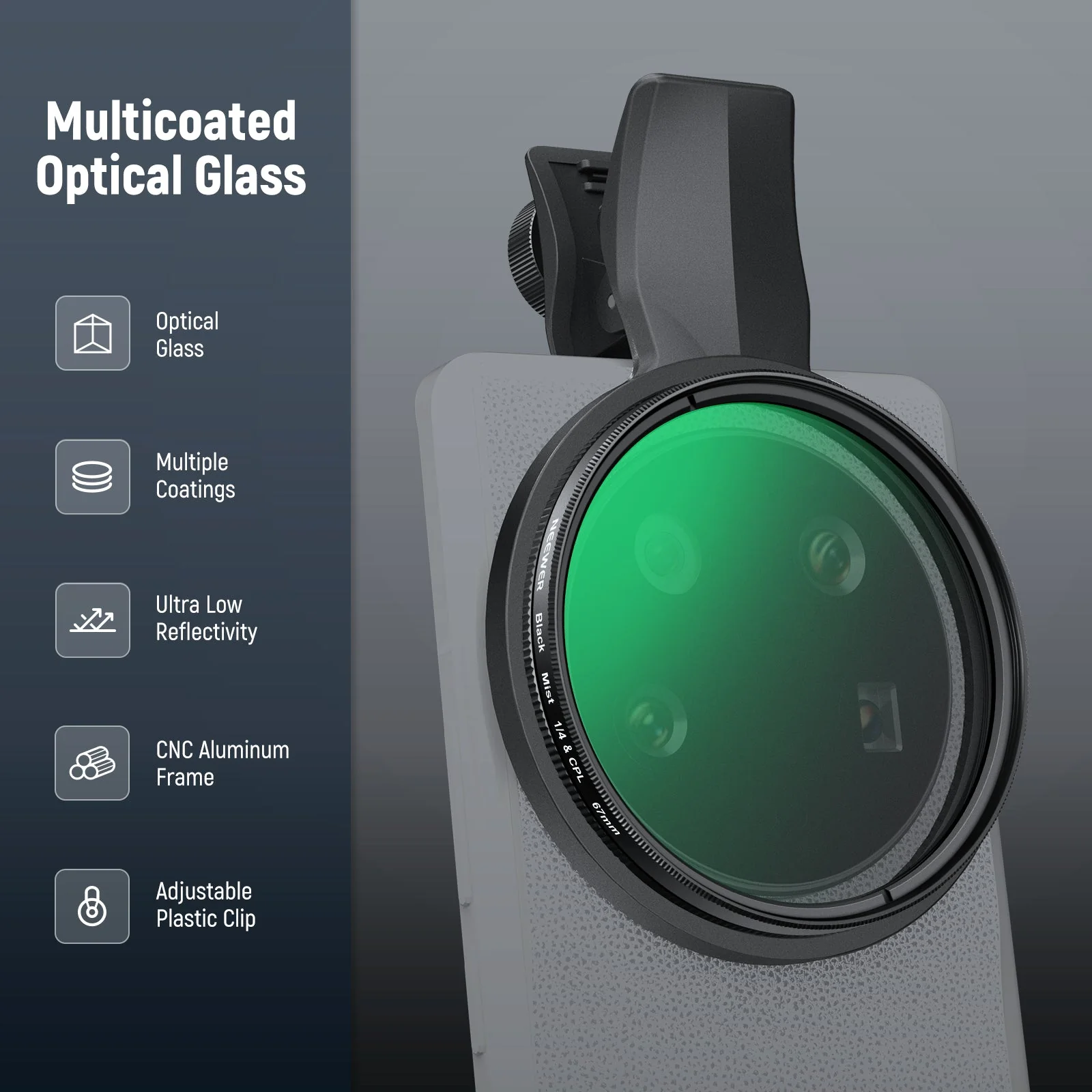 NEEWER 2 in 1 67mm Clip On CPL & Black Mist Diffusion 1/4 Filter For Smartphone - Image 17