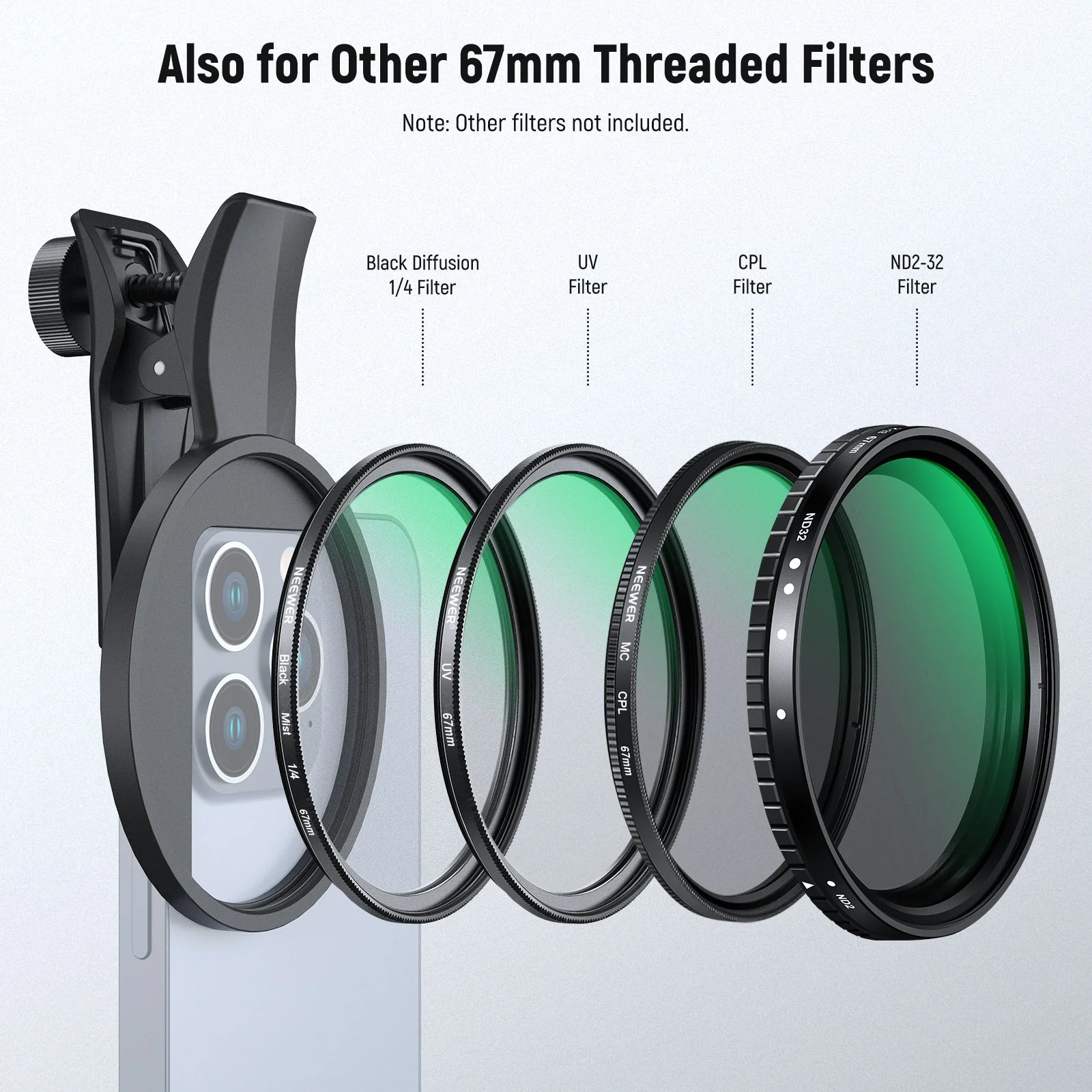 NEEWER 2 in 1 67mm Clip On CPL & Black Mist Diffusion 1/4 Filter For Smartphone - Image 6