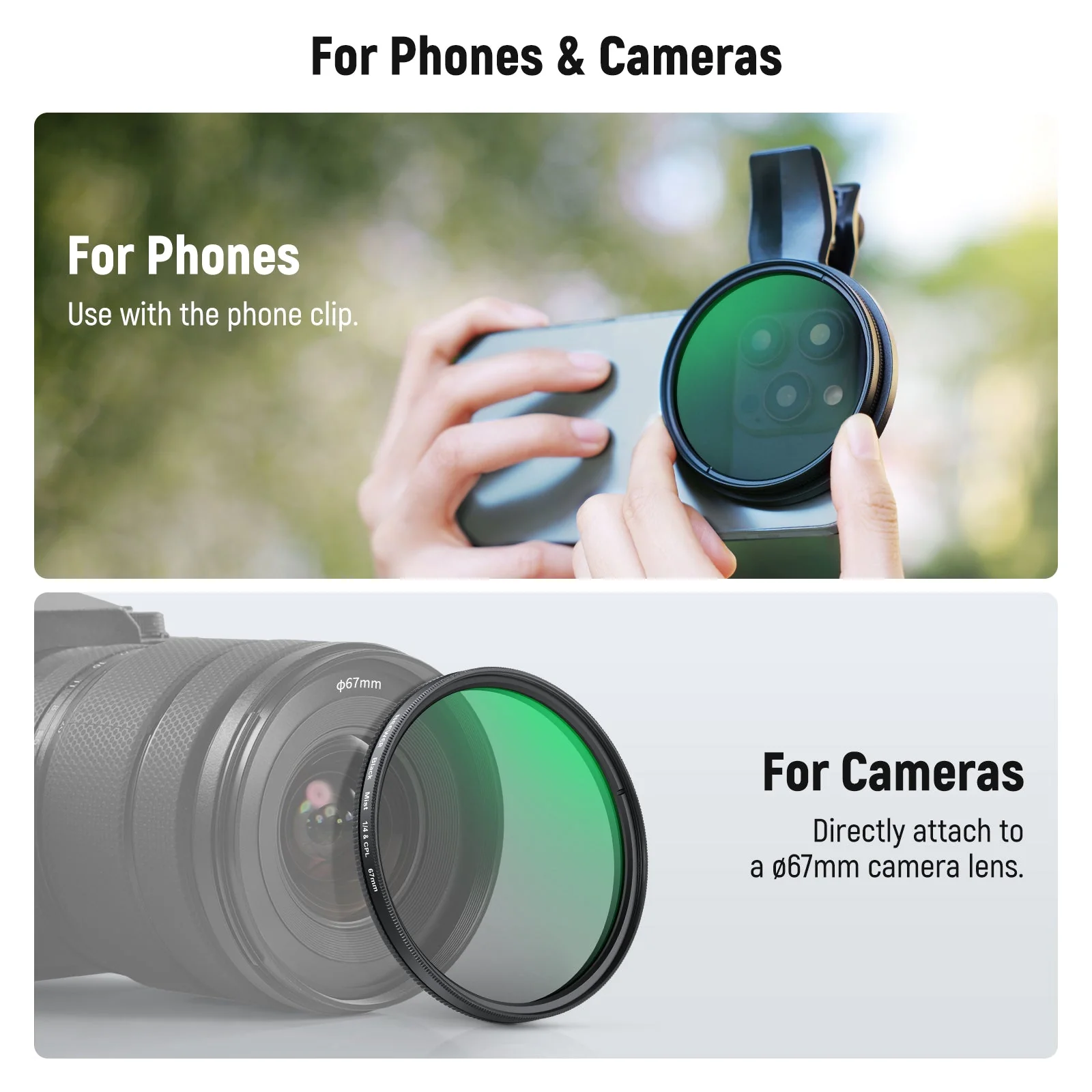 NEEWER 2 in 1 67mm Clip On CPL & Black Mist Diffusion 1/4 Filter For Smartphone - Image 7