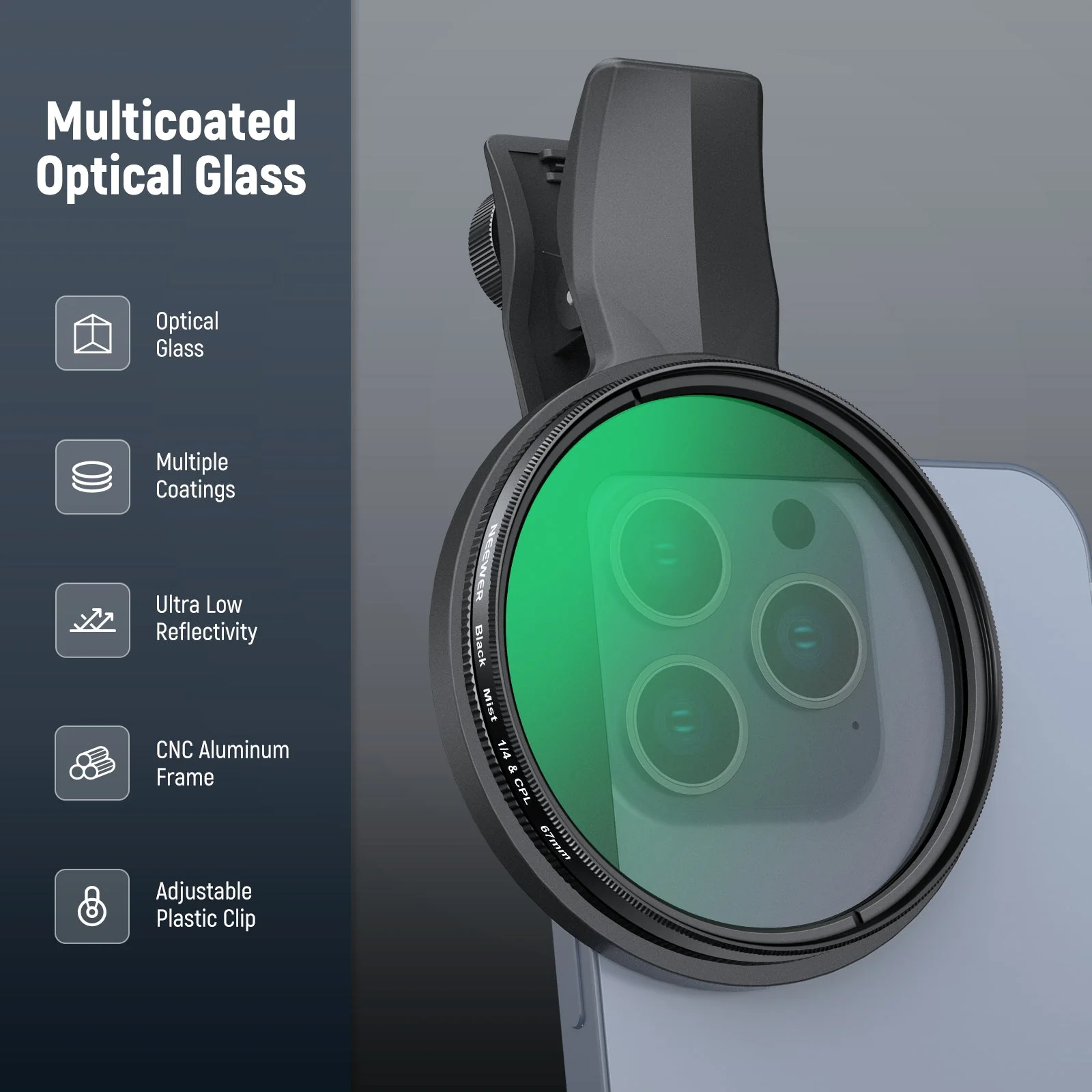 NEEWER 2 in 1 67mm Clip On CPL & Black Mist Diffusion 1/4 Filter For Smartphone - Image 8