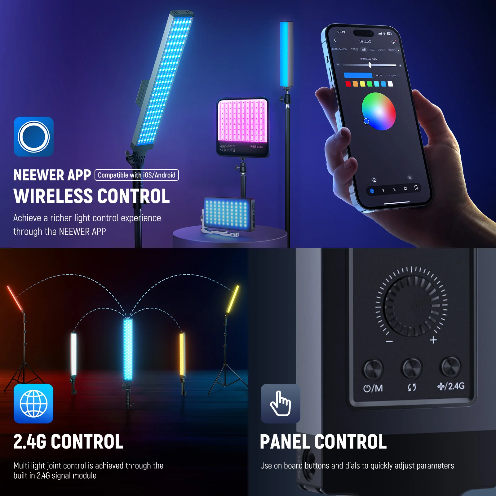 NEEWER 2 Pack BH20C RGB Light Stick Studio Lighting Kit - Image 6