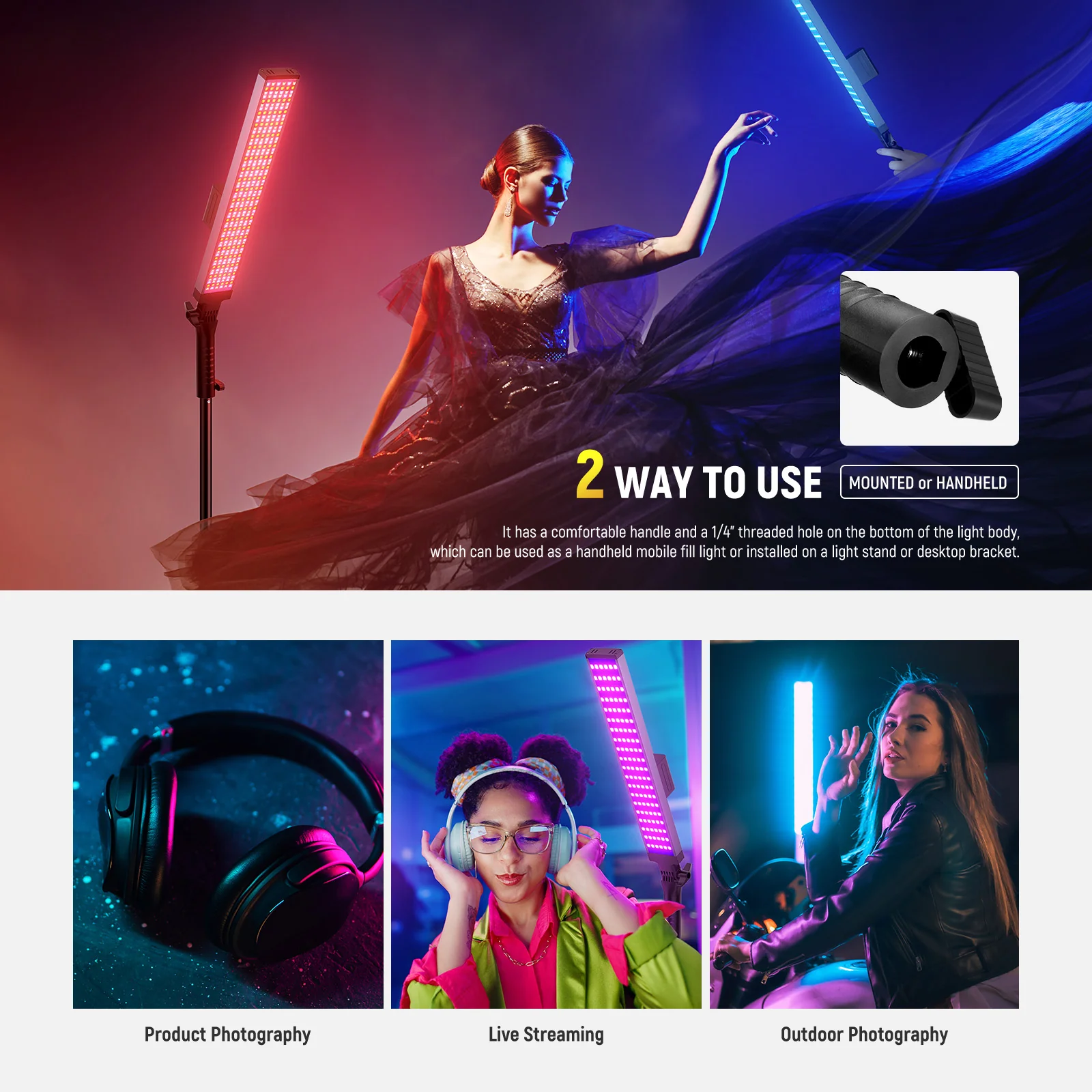 NEEWER 2 Pack BH20C RGB Light Stick Studio Lighting Kit - Image 8