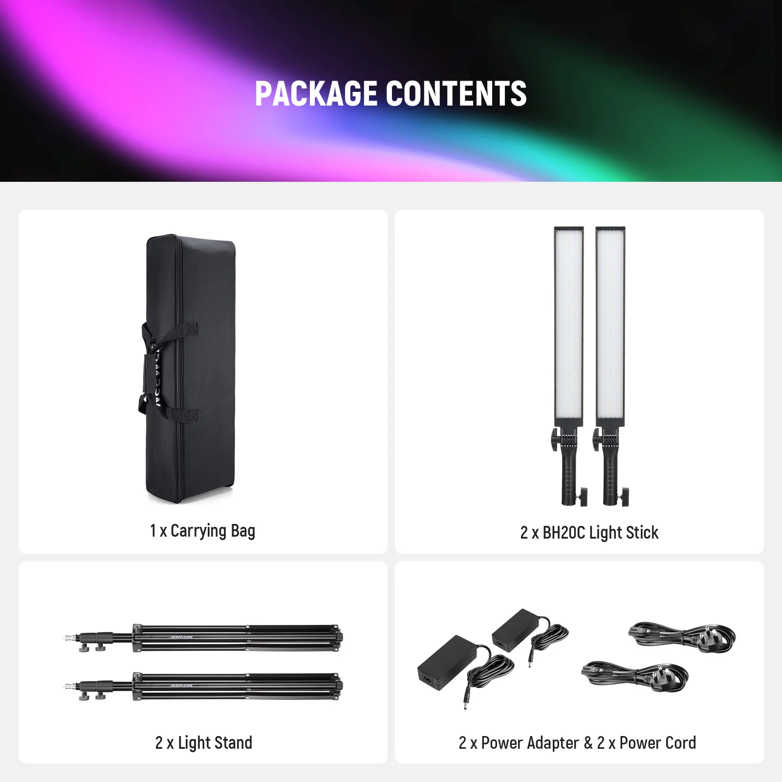 NEEWER 2 Pack BH20C RGB Light Stick Studio Lighting Kit - Image 9