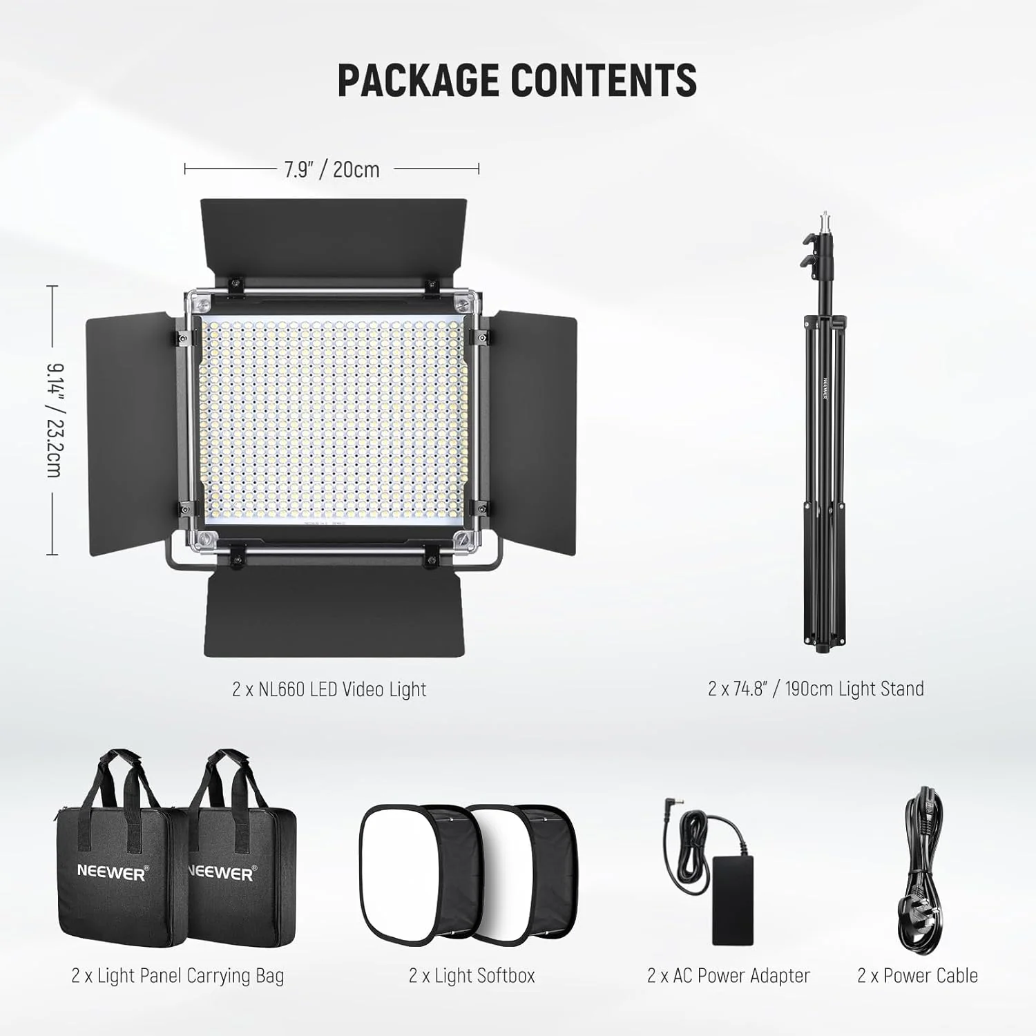 NEEWER 2 Pack Bi-Color NL660 LED Video Light and Stand Kit with Softboxes - Image 8