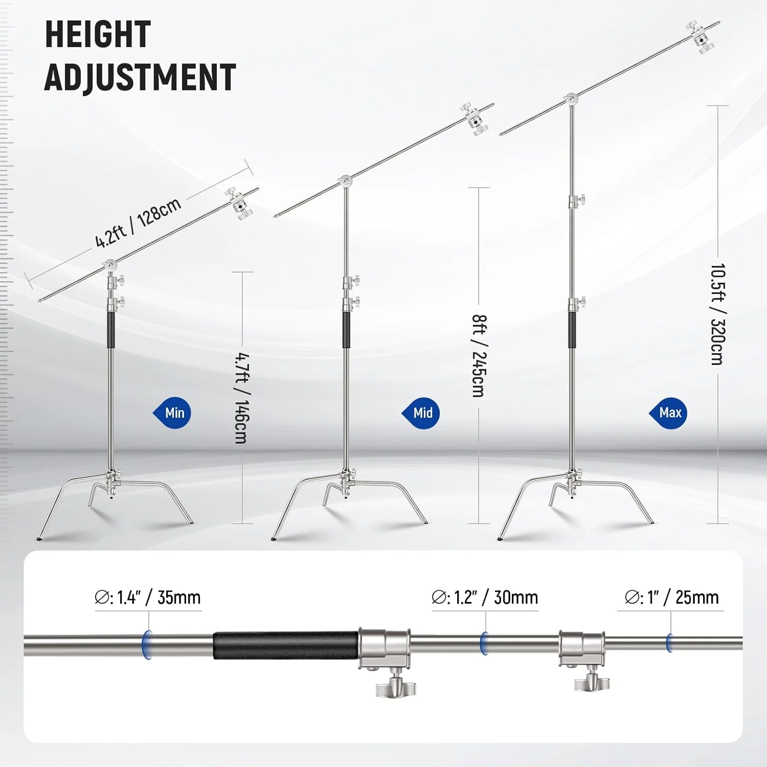 NEEWER 2 Pack 305cm/320cm Heavy Duty Stainless Steel C Stand - Image 3