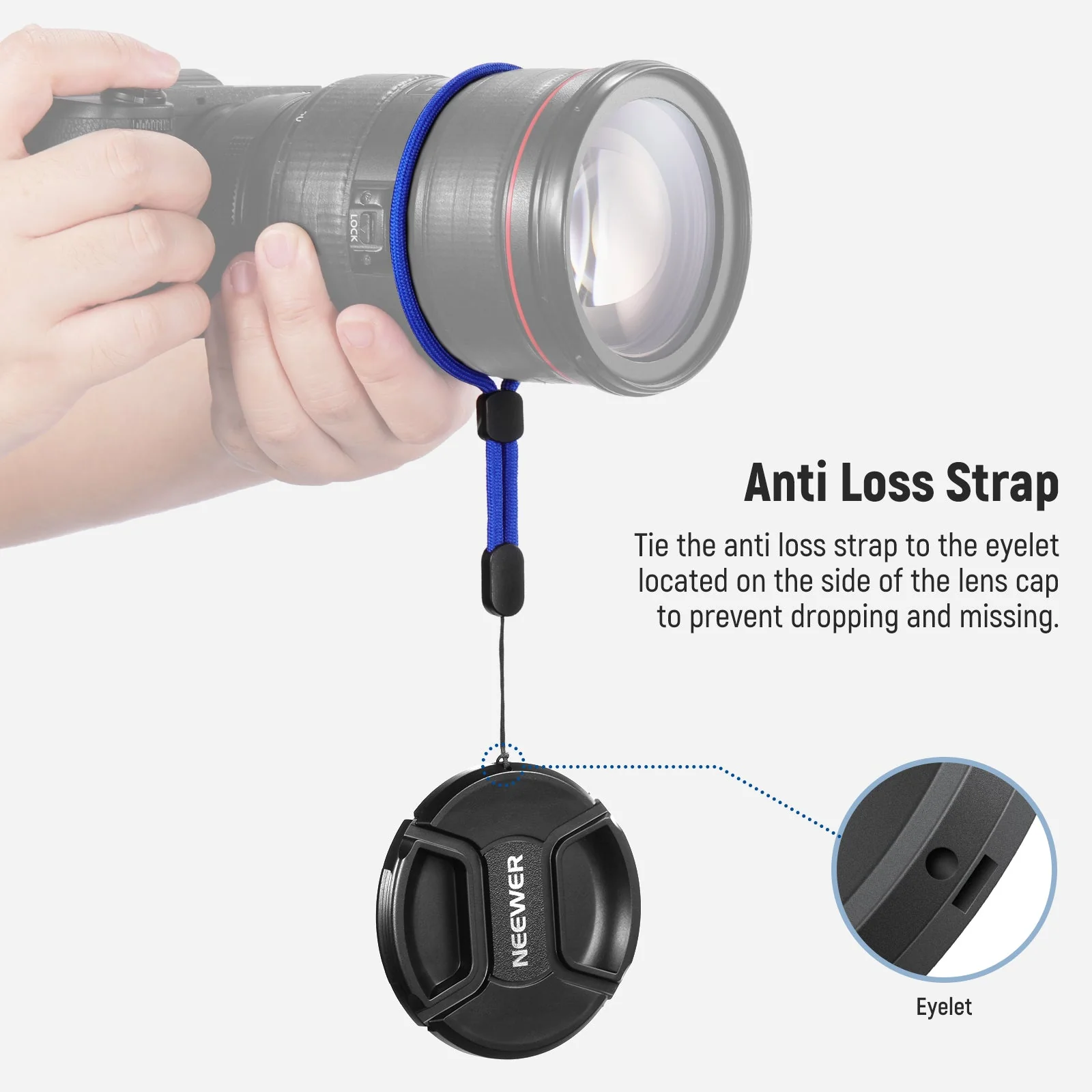 NEEWER 2 Pack Camera Lens Cap Kit with Strap&Cleaning Cloth - Image 4