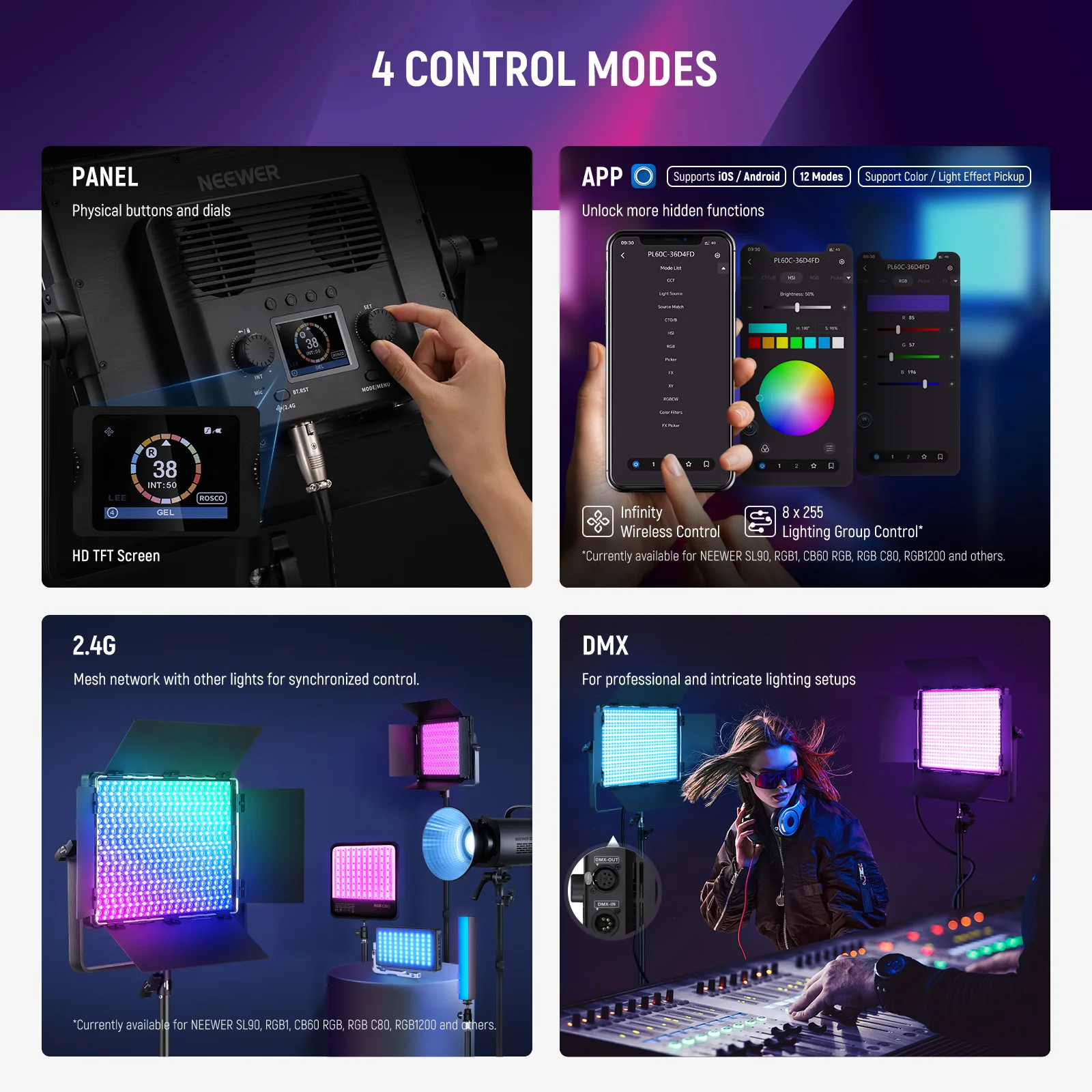 NEEWER 2 Pack PL60C RGBCW DMX Control LED Video Light Kit - Image 5