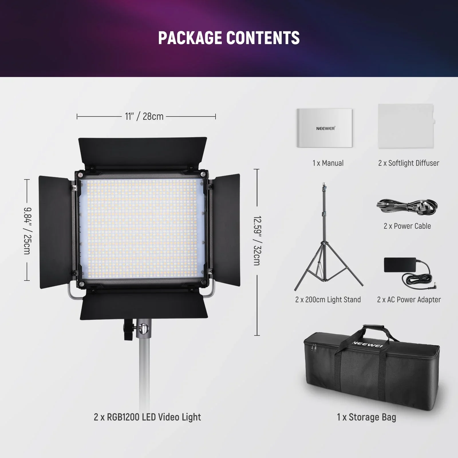 NEEWER 2 Pack RGB1200 60W Full Color LED Video Light and Stand Kit - Image 10