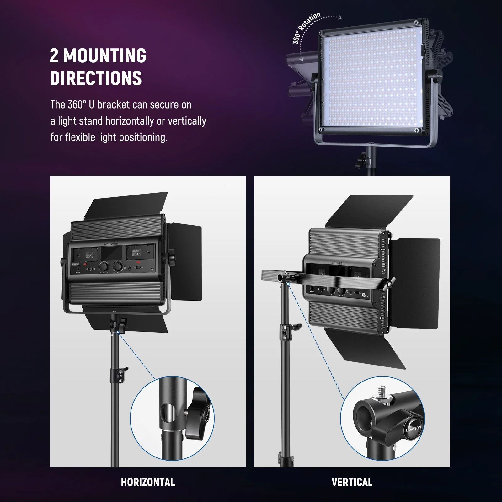 NEEWER 2 Pack RGB1200 60W Full Color LED Video Light and Stand Kit - Image 9
