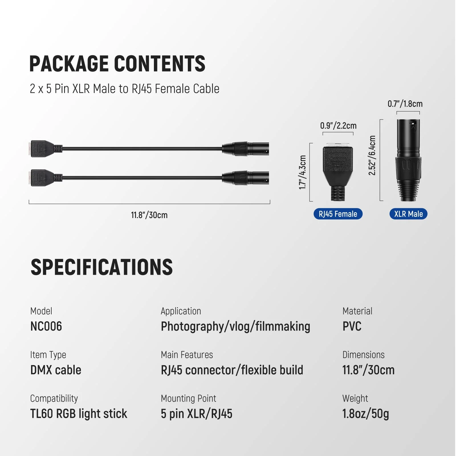 NEEWER NC006 5 Pin DMX XLR Male to RJ45 Female Cable for TL60/TL90C/TL120C - Image 7