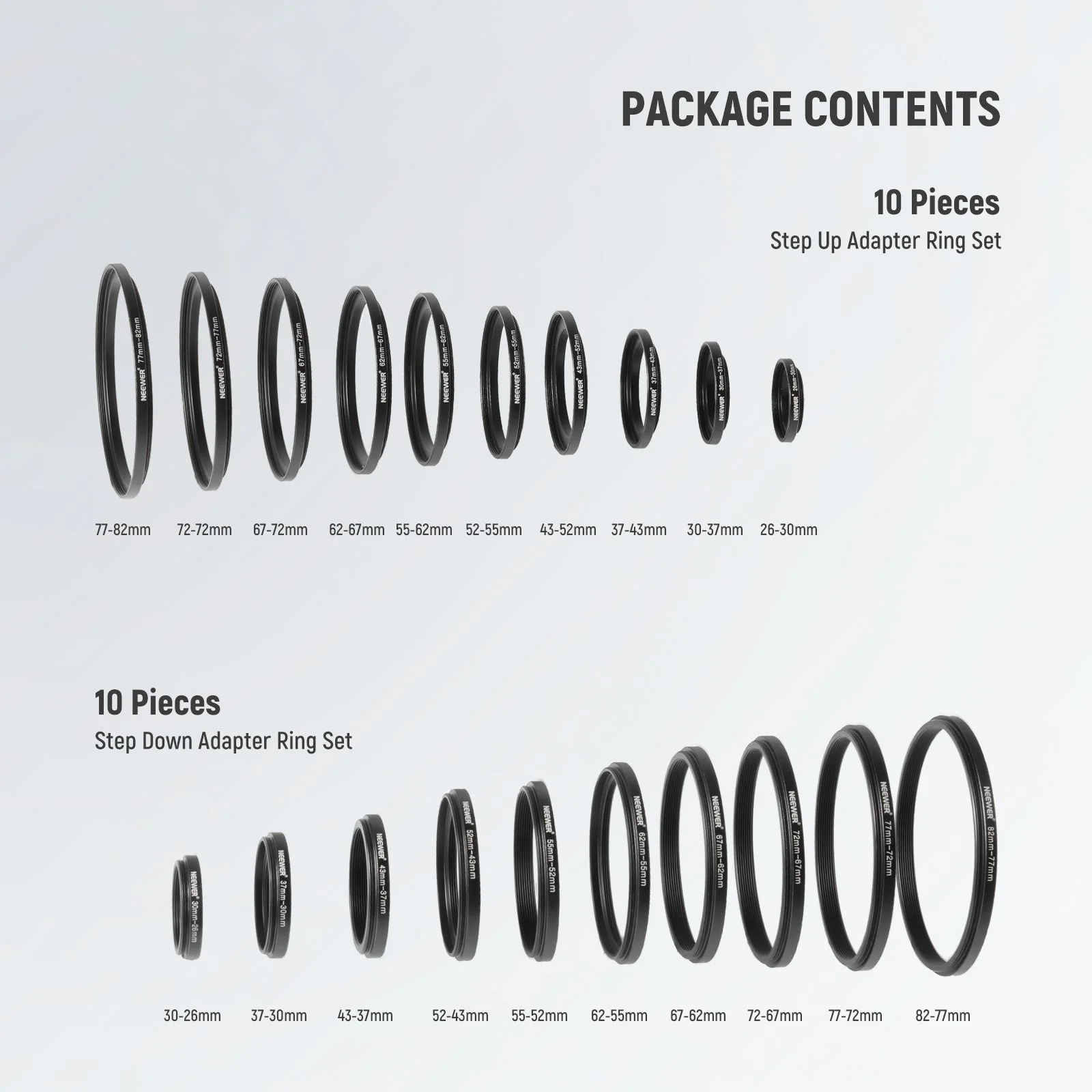 NEEWER 20 Pieces Anodized Black Metal Lens Filter Adapter Ring Kit - Image 3