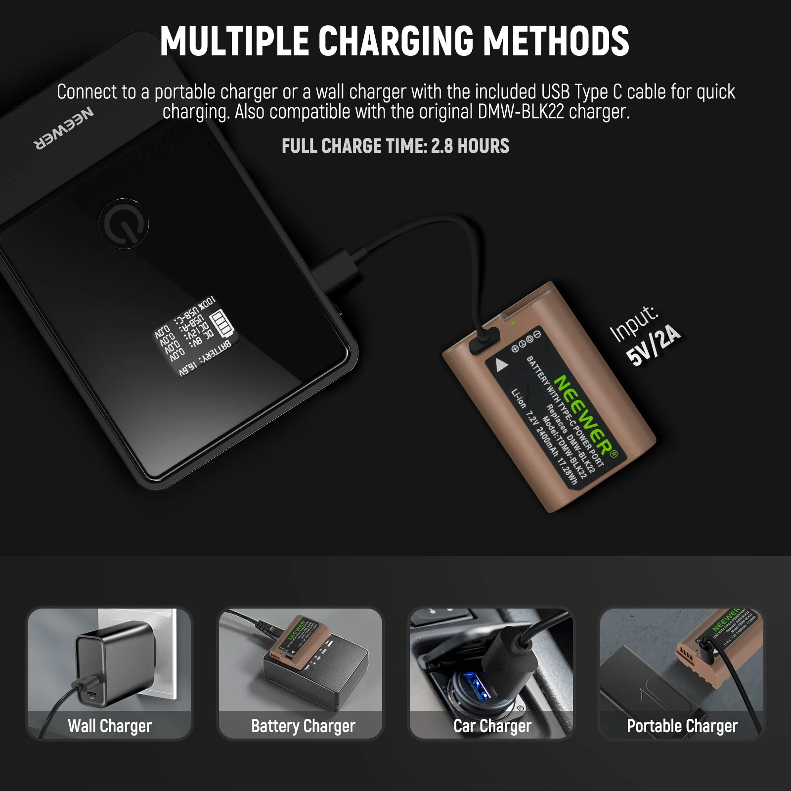 NEEWER 2400mAh DMW-BLK22 Replacement Battery For Lumix Cameras - Image 3