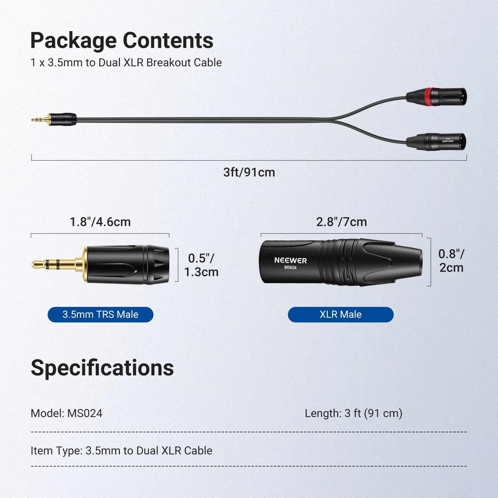 NEEWER 3.5mm 1/8 Inch TRS AUX to Dual XLR Breakout Cable - Image 7