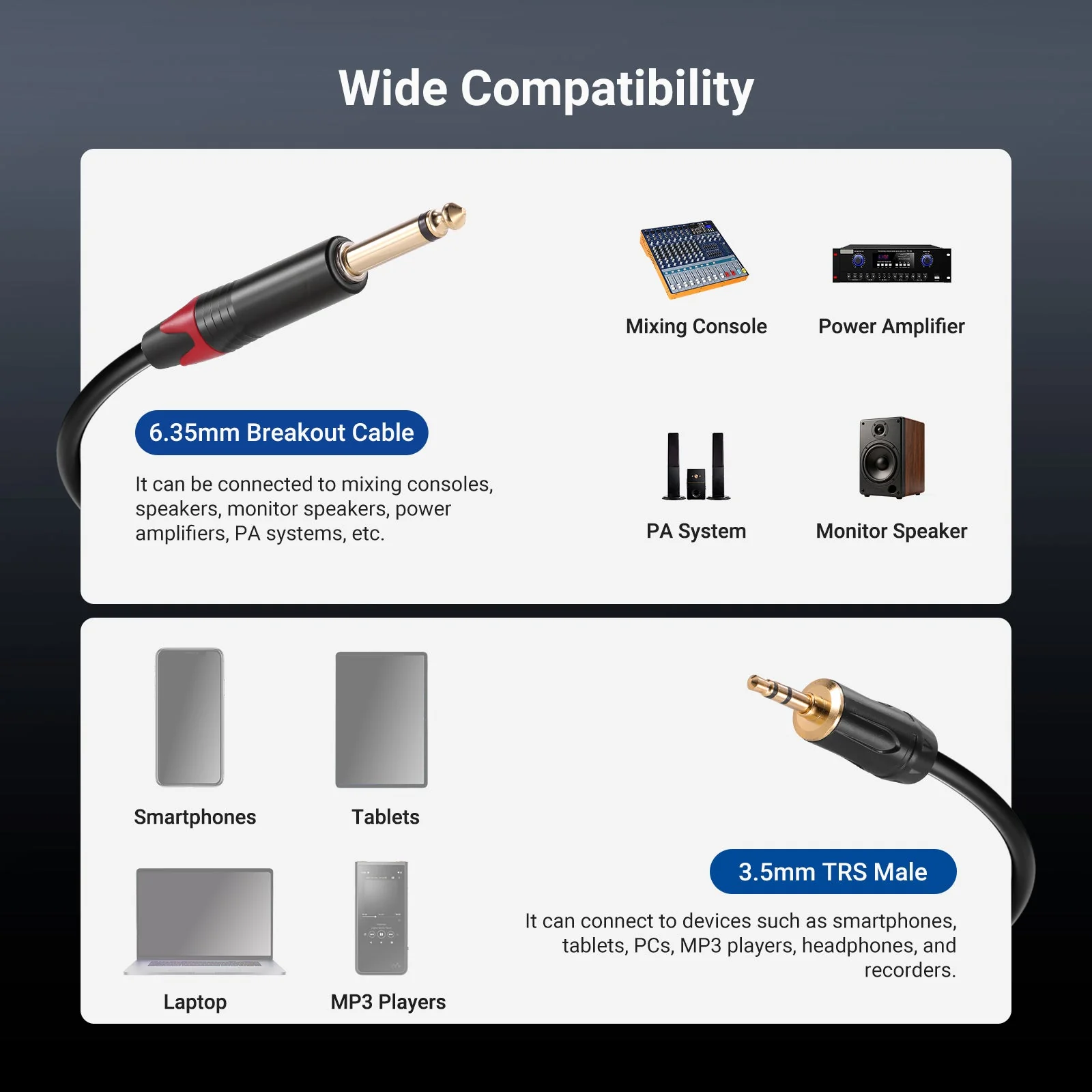 NEEWER 3.5mm 1/8 TRS to 1/4 Dual 6.35mm TS Breakout Cable - Image 3