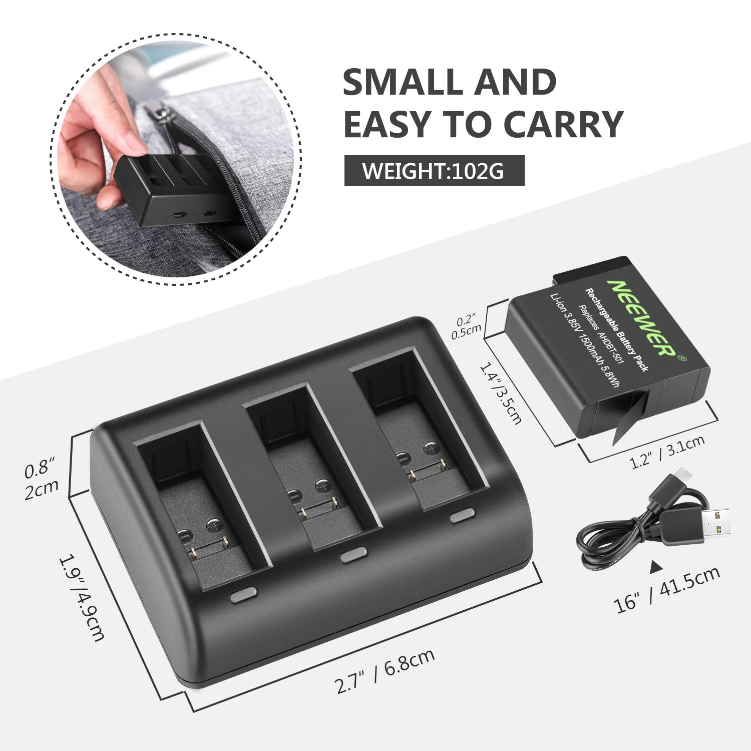 NEEWER 3-Pack Battery and Charger Compatible with Gopro Hero 5/6/7 - Image 3