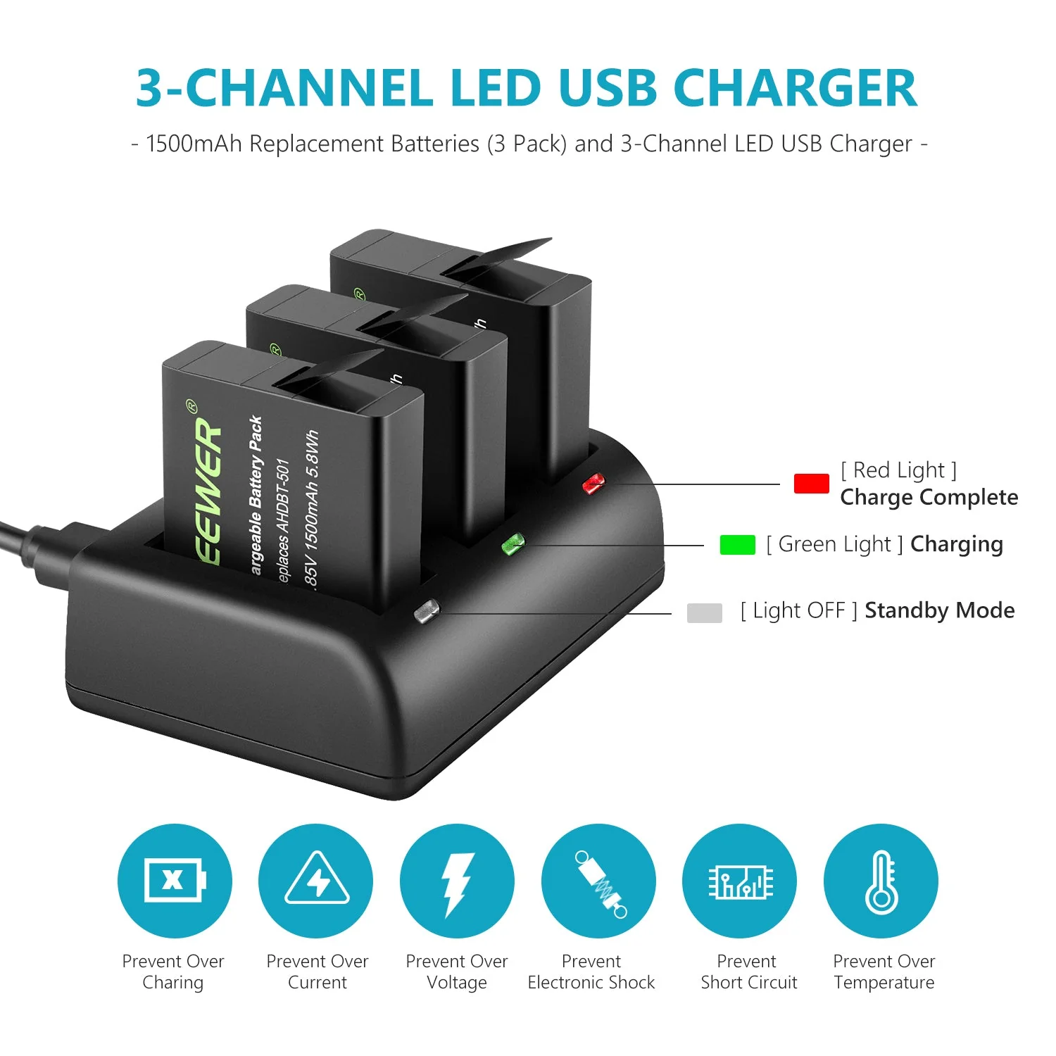 NEEWER 3-Pack Battery and Charger Compatible with Gopro Hero 5/6/7 - Image 6