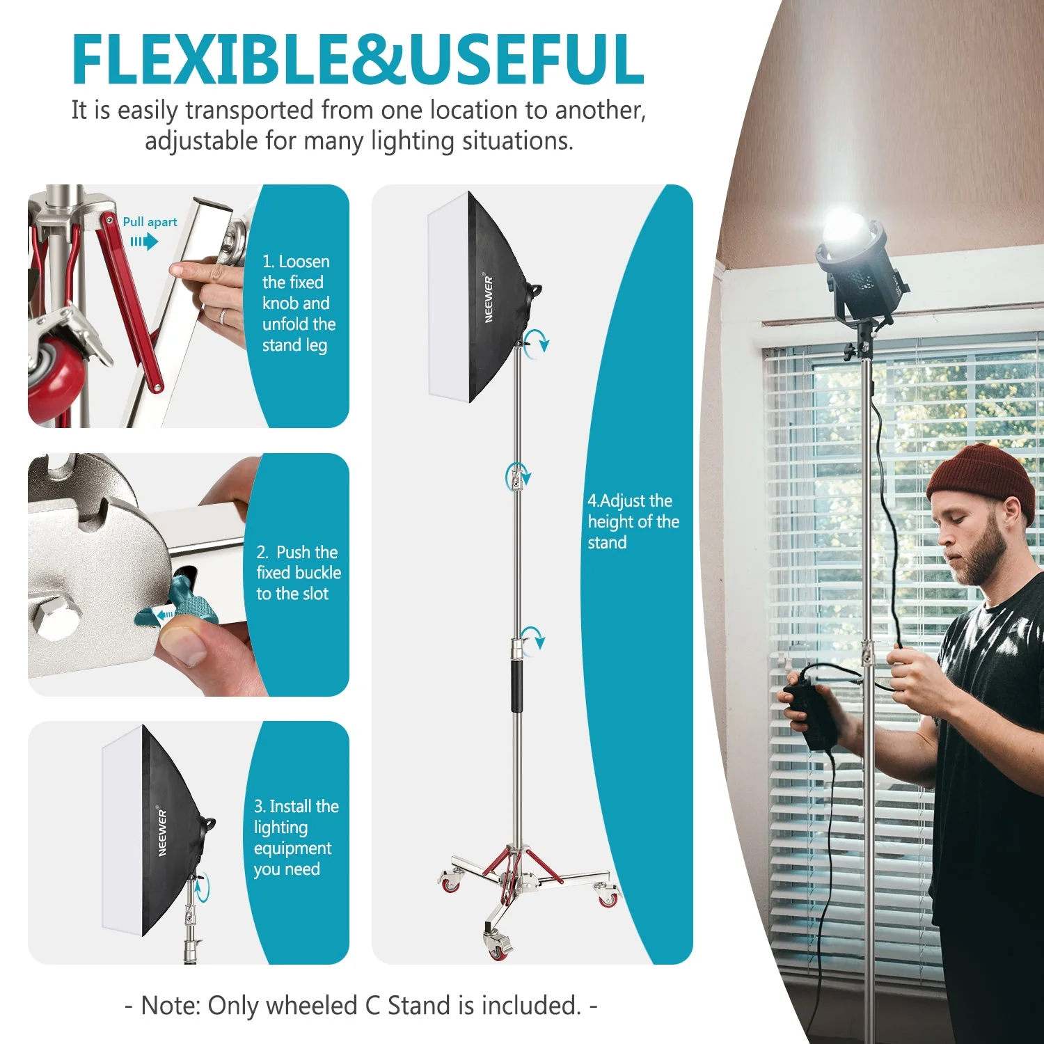 NEEWER 305cm Stainless Steel Heavy Duty Wheeled Light Stand - Image 3