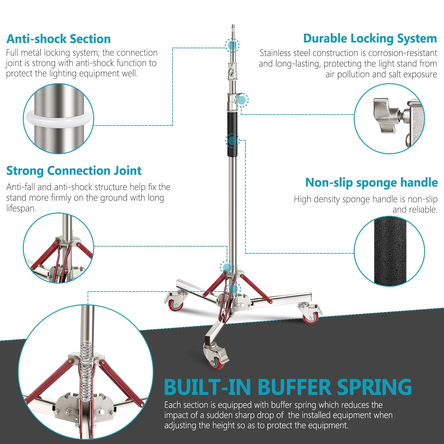 NEEWER 305cm Stainless Steel Heavy Duty Wheeled Light Stand - Image 4