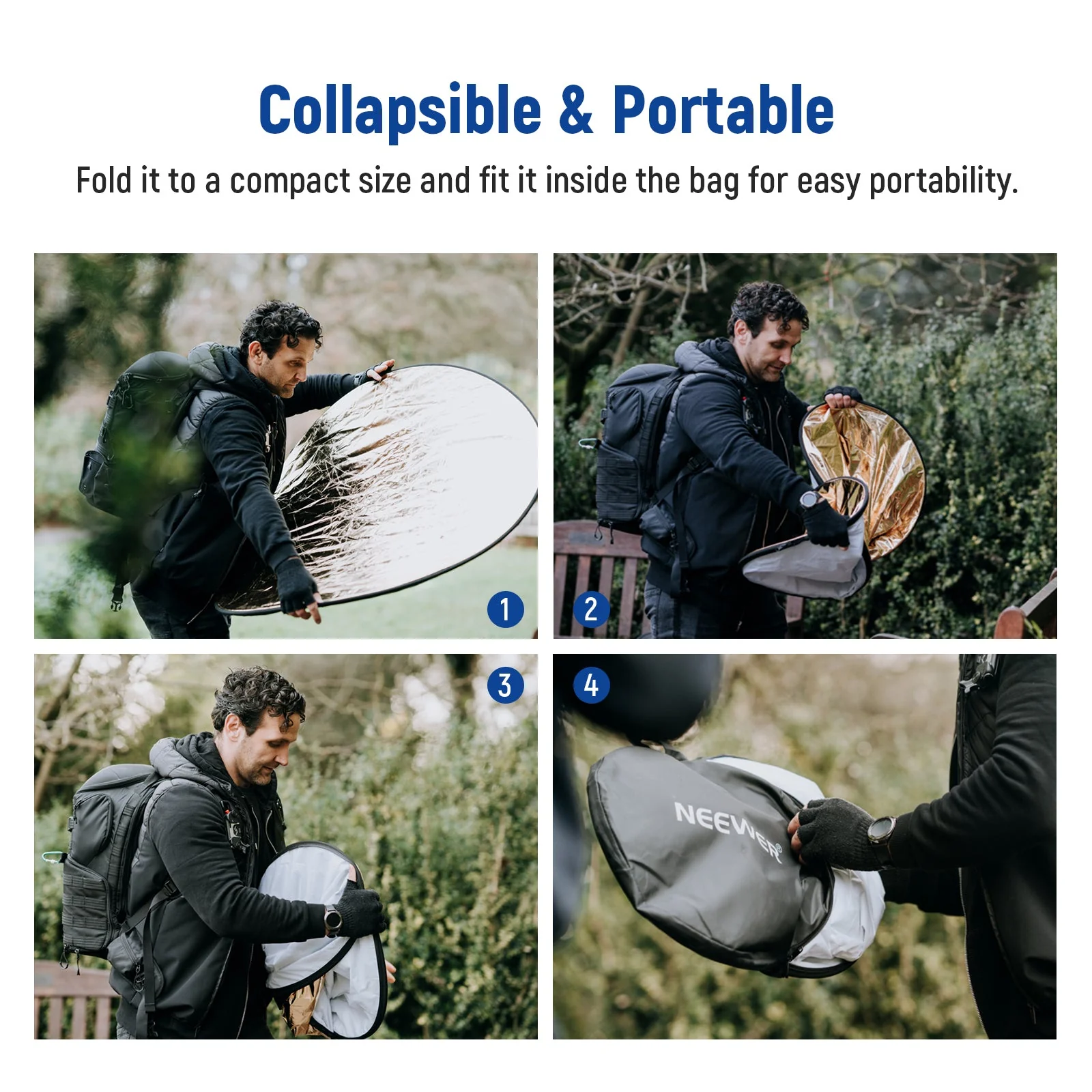 NEEWER 43”/110cm Collapsible Light Reflector with Clamp & Stand - Image 5