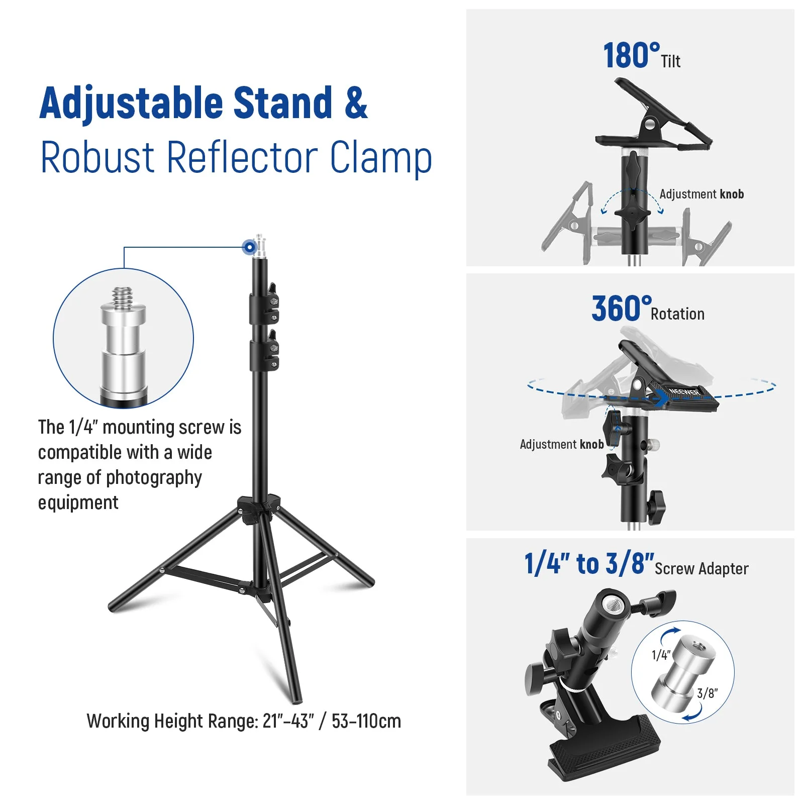 NEEWER 43”/110cm Collapsible Light Reflector with Clamp & Stand - Image 6