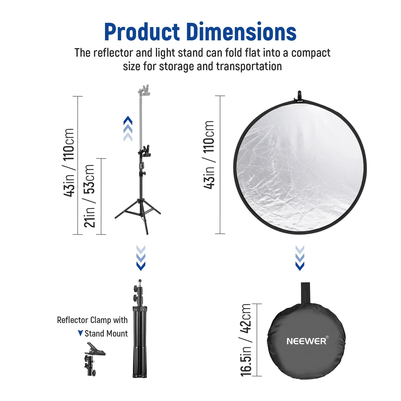 NEEWER 43”/110cm Collapsible Light Reflector with Clamp & Stand - Image 8