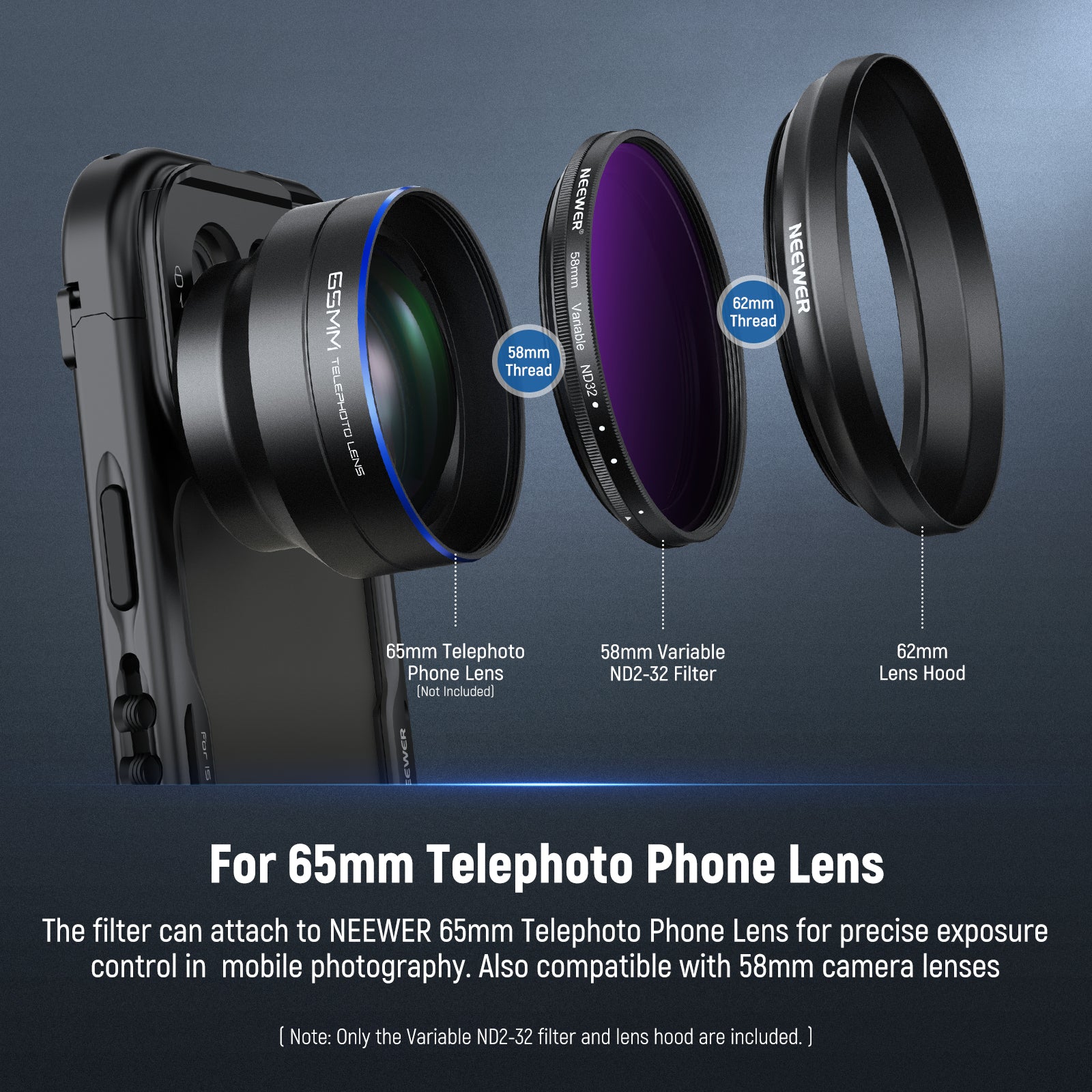 NEEWER 58mm Variable ND2-32 Filter with Lens Hood for 65mm Telephoto Phone Lens - Image 2