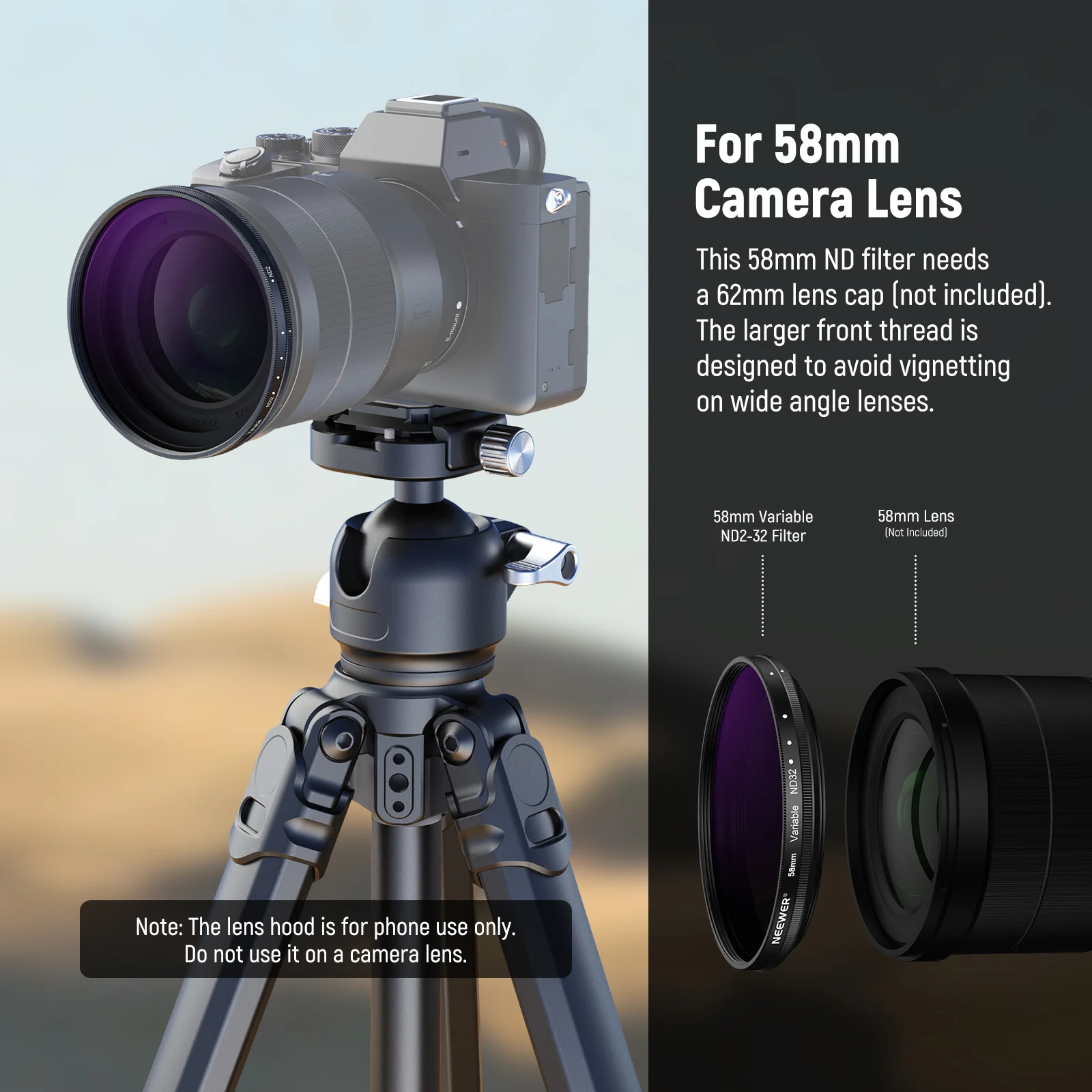NEEWER 58mm Variable ND2-32 Filter with Lens Hood for 65mm Telephoto Phone Lens - Image 6