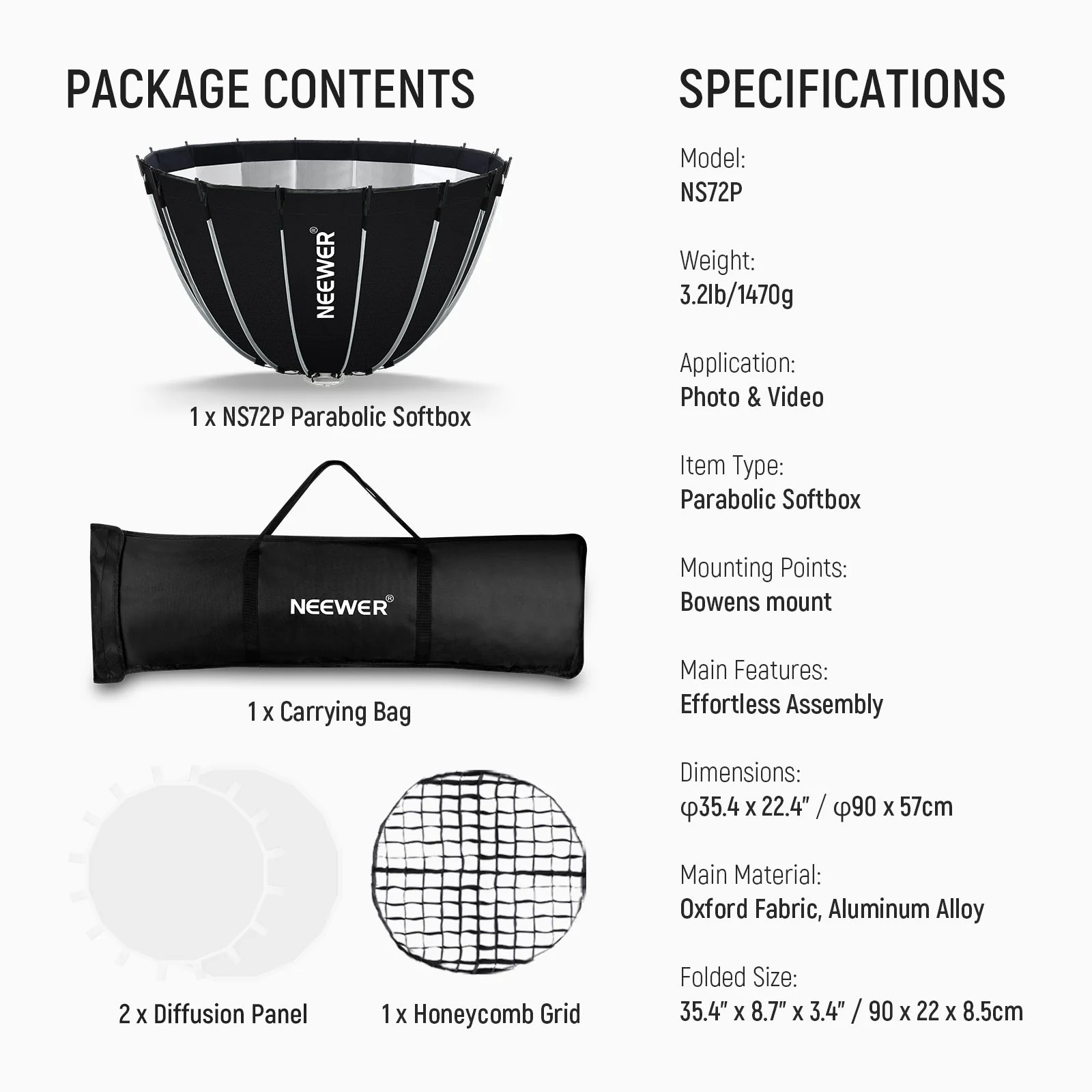 NEEWER NS71P 60cm/90cm/120cm Quick Release Parabolic Softbox - Image 18