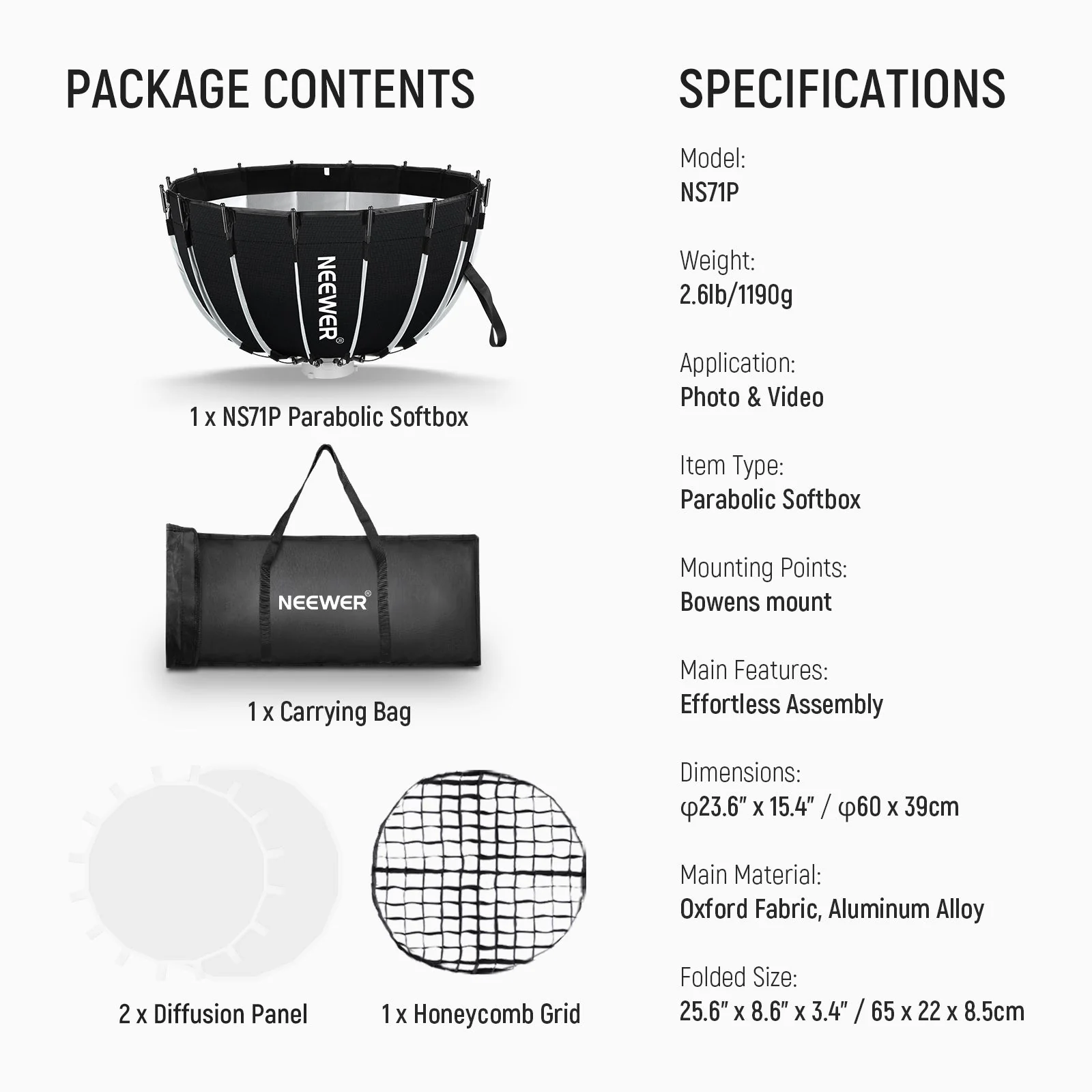 NEEWER NS71P 60cm/90cm/120cm Quick Release Parabolic Softbox - Image 9
