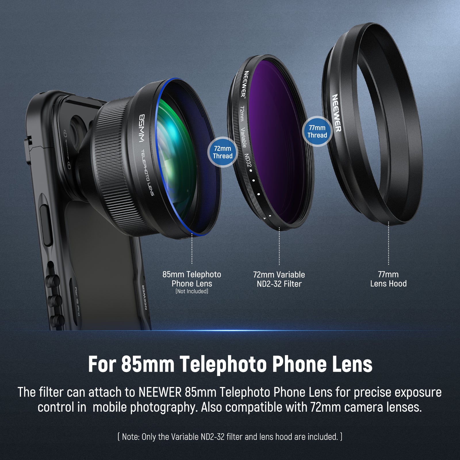 NEEWER 72mm Variable ND2-32 Filter with Lens Hood for 85mm Telephoto Phone Lens - Image 2