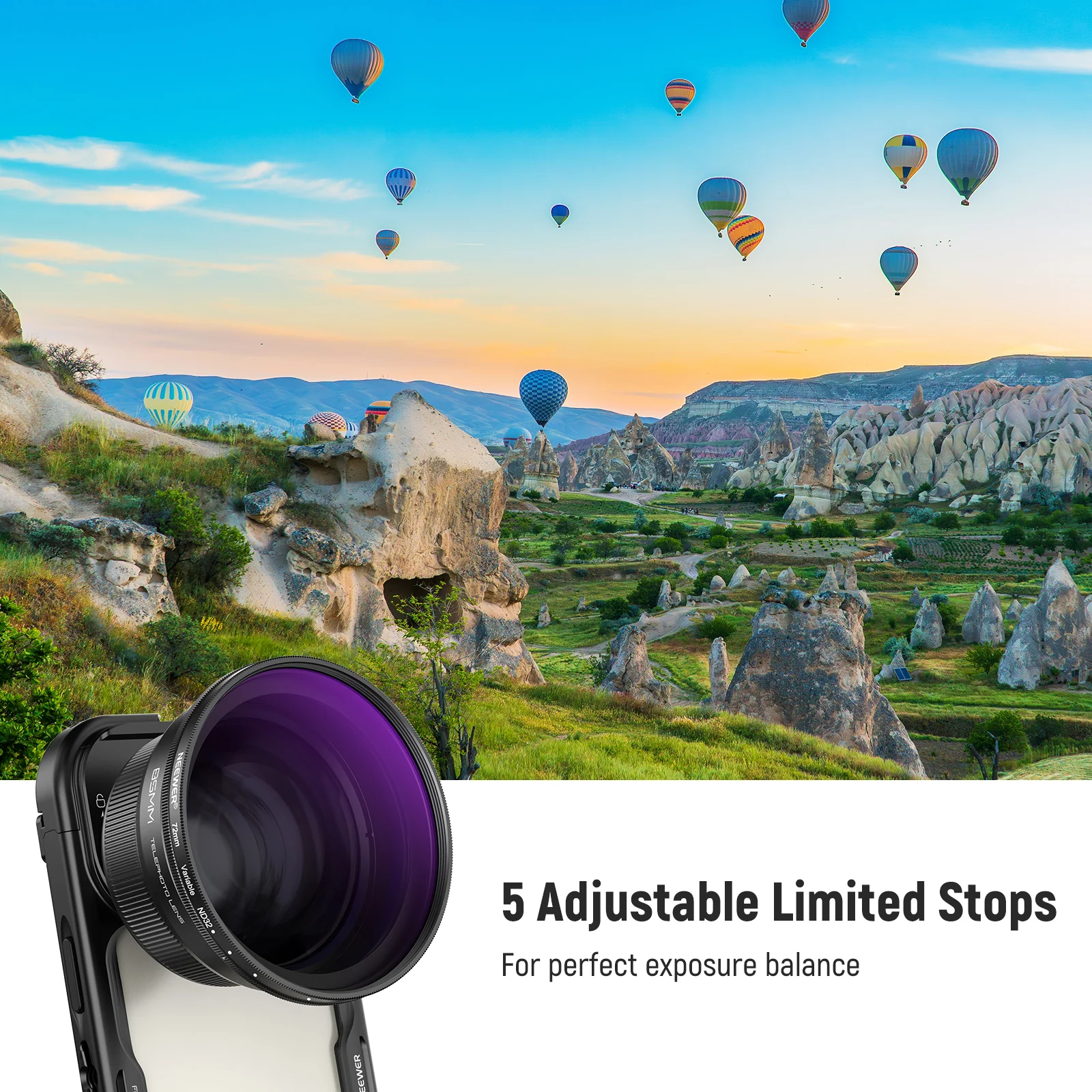 NEEWER 72mm Variable ND2-32 Filter with Lens Hood for 85mm Telephoto Phone Lens - Image 4