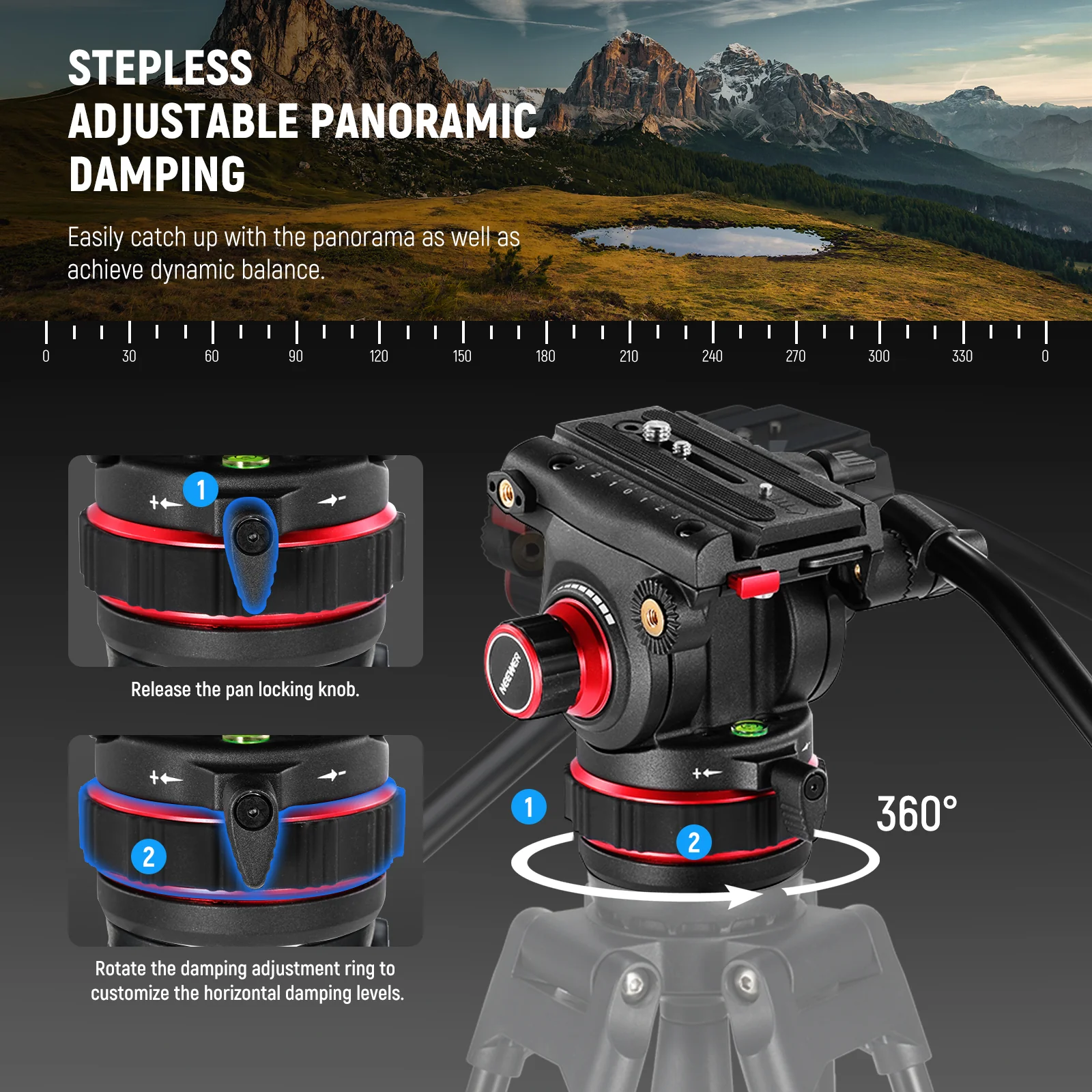 NEEWER TP75 74" Aluminum Video Tripod with Adjustable Damping Fluid Head - Image 2