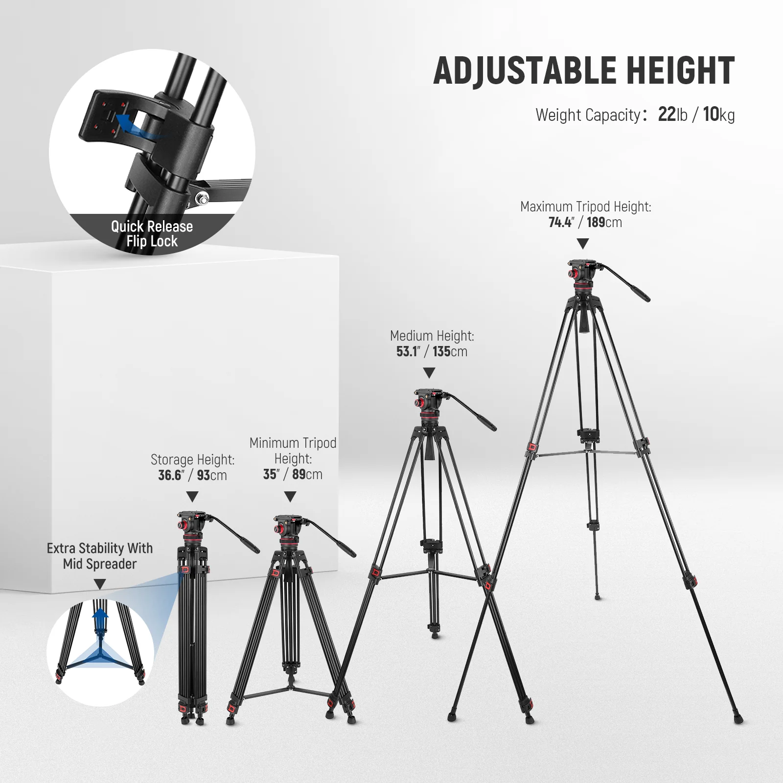 NEEWER TP75 74" Aluminum Video Tripod with Adjustable Damping Fluid Head - Image 5