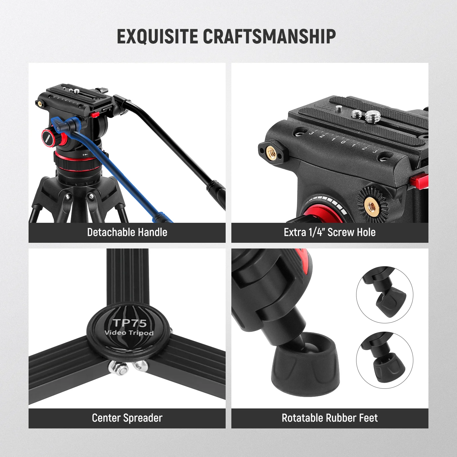 NEEWER TP75 74" Aluminum Video Tripod with Adjustable Damping Fluid Head - Image 8