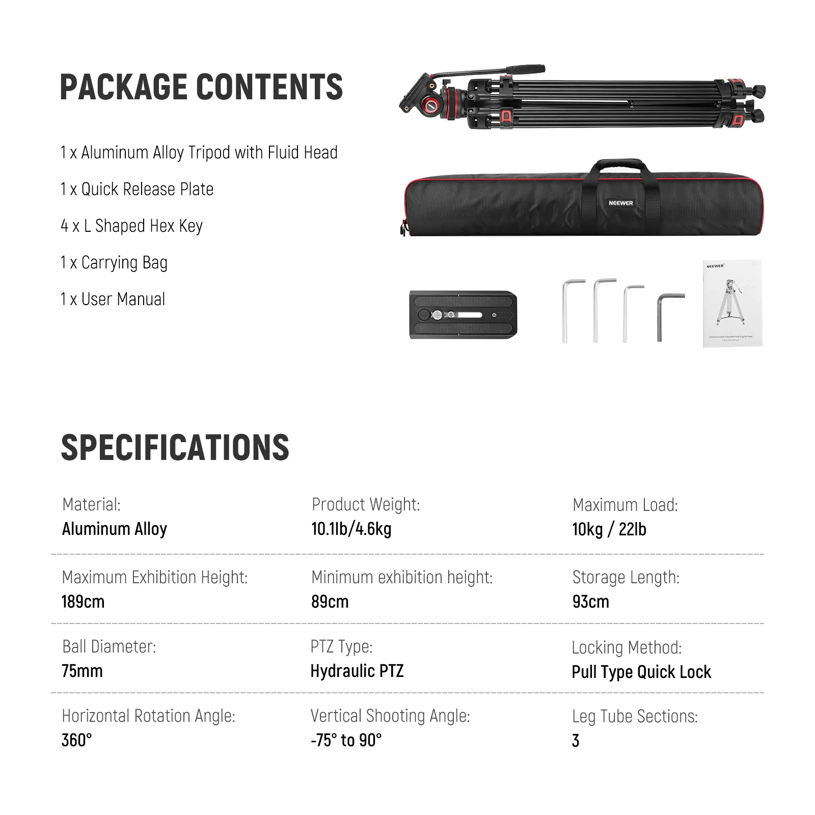 NEEWER TP75 74" Aluminum Video Tripod with Adjustable Damping Fluid Head - Image 9