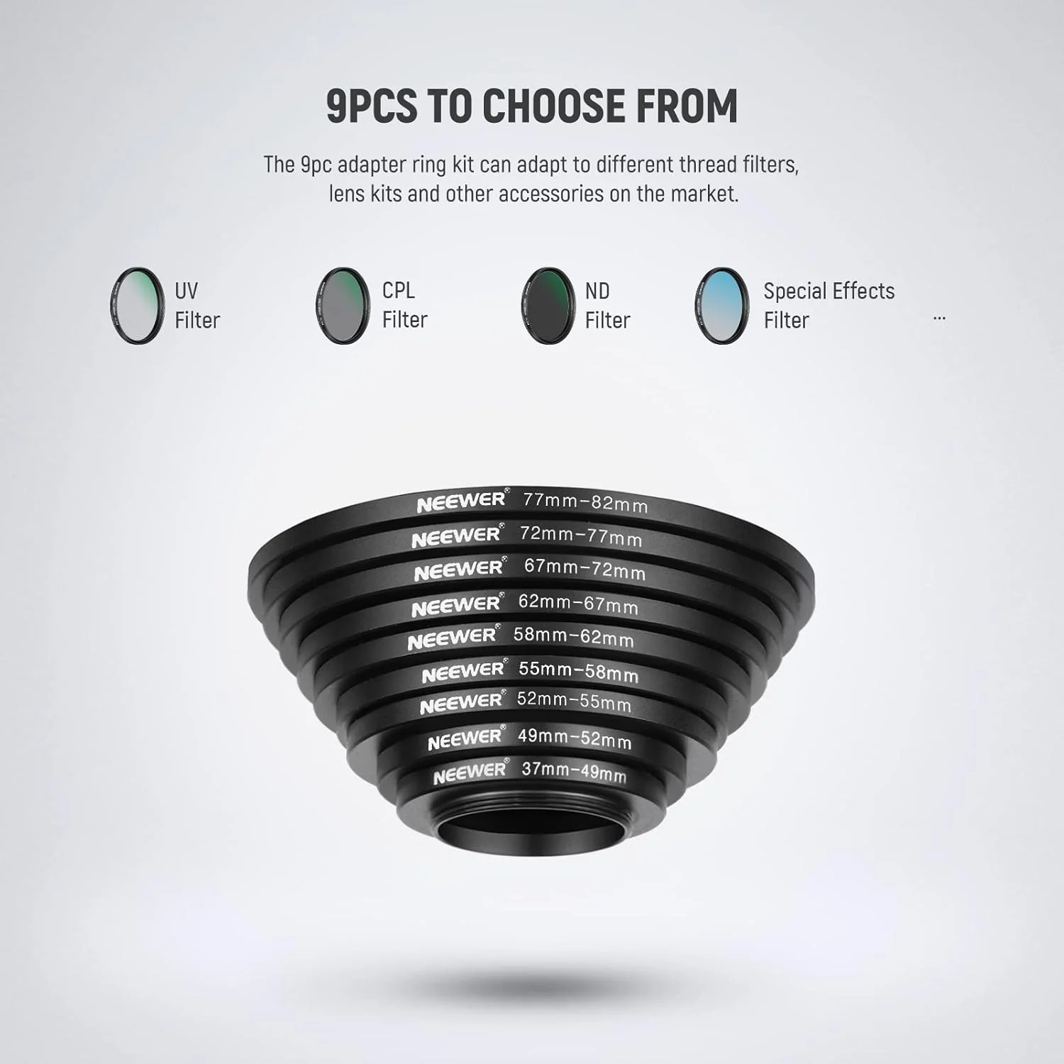 NEEWER 9 Pieces Step-up Lens Filter Adapter Rings Set - Image 2