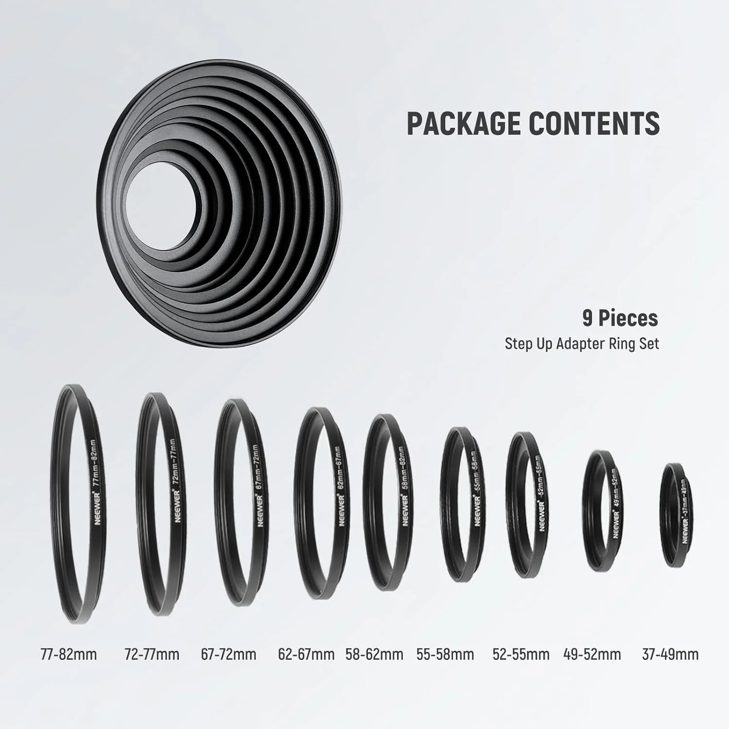 NEEWER 9 Pieces Step-up Lens Filter Adapter Rings Set - Image 7