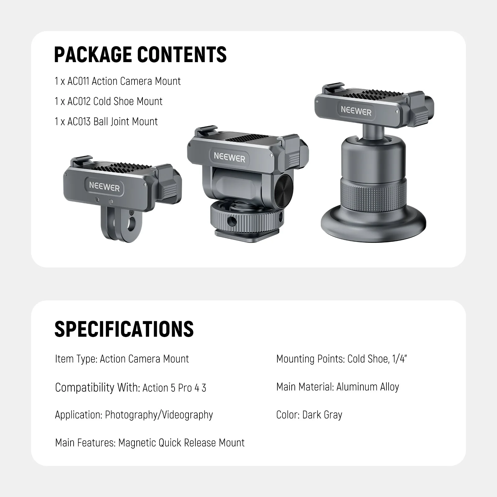 NEEWER AC011+AC012+ AC013 Action Camera Mount Kit For DJI Osmo Action 5 Pro/4/3 - Image 7