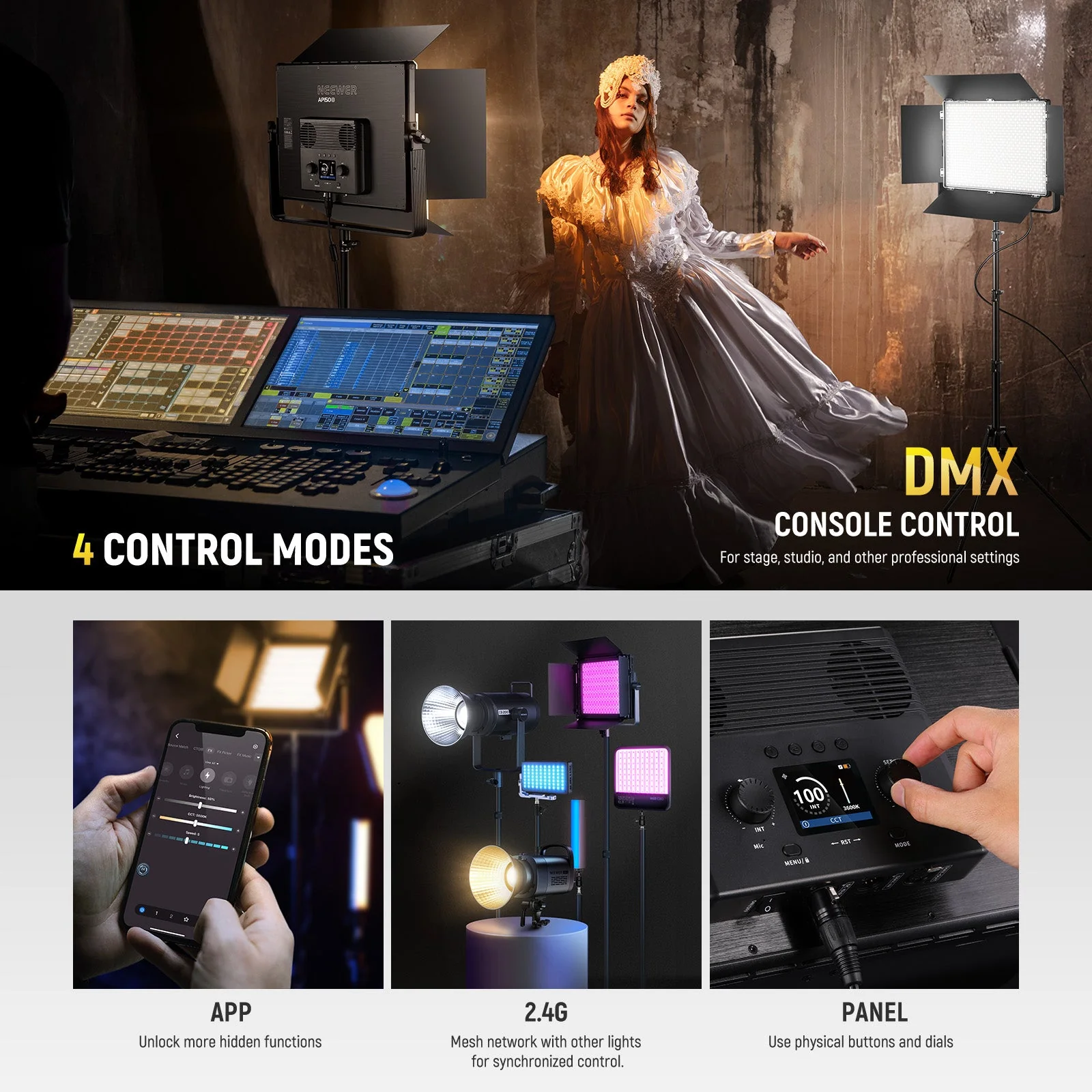 NEEWER AP150B 150W Bi-Color LED Panel Video Light with APP/2.4G/Panel/DMX Control - Image 6