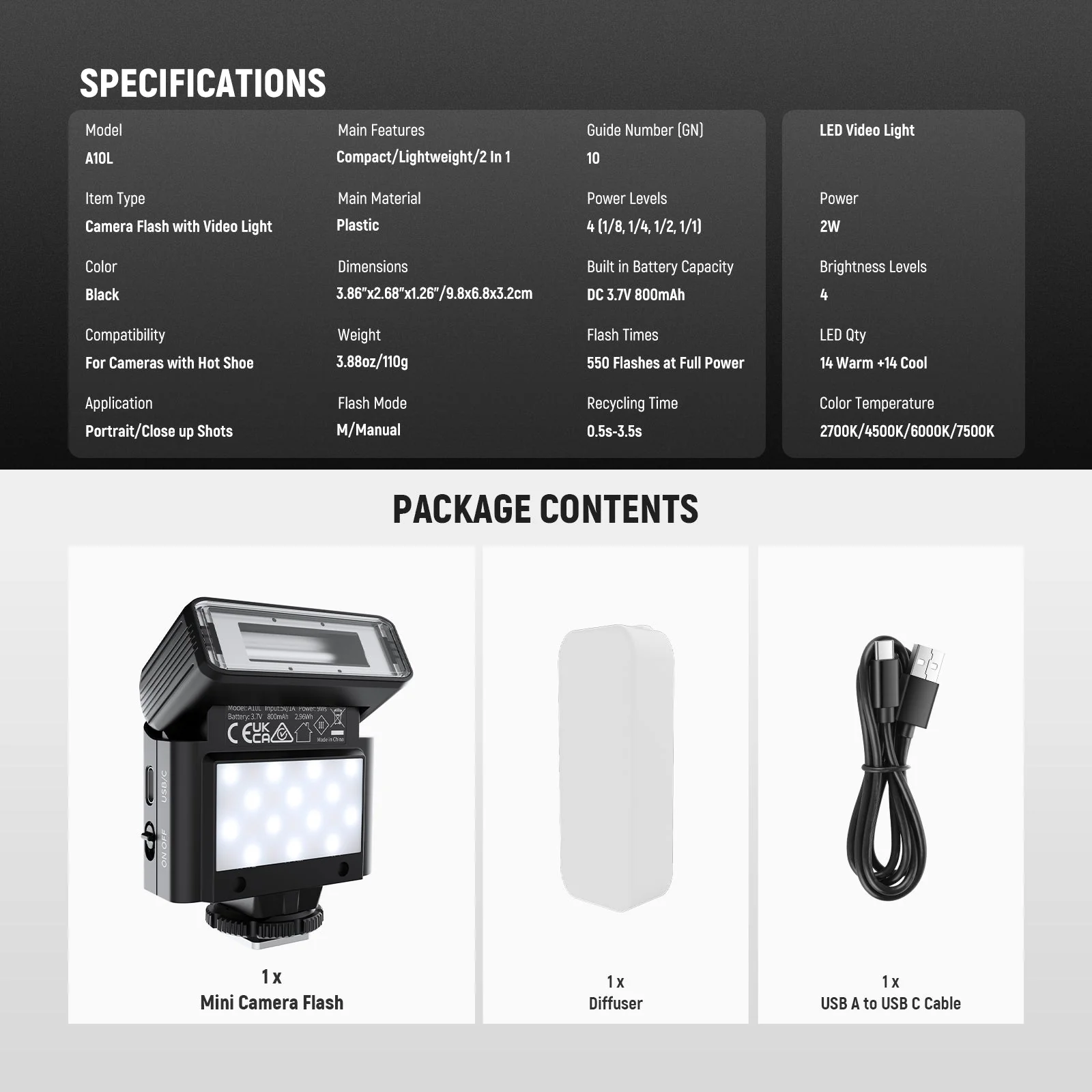 NEEWER BASICS A10L Mini Camera Flash with LED Video Light - Image 8
