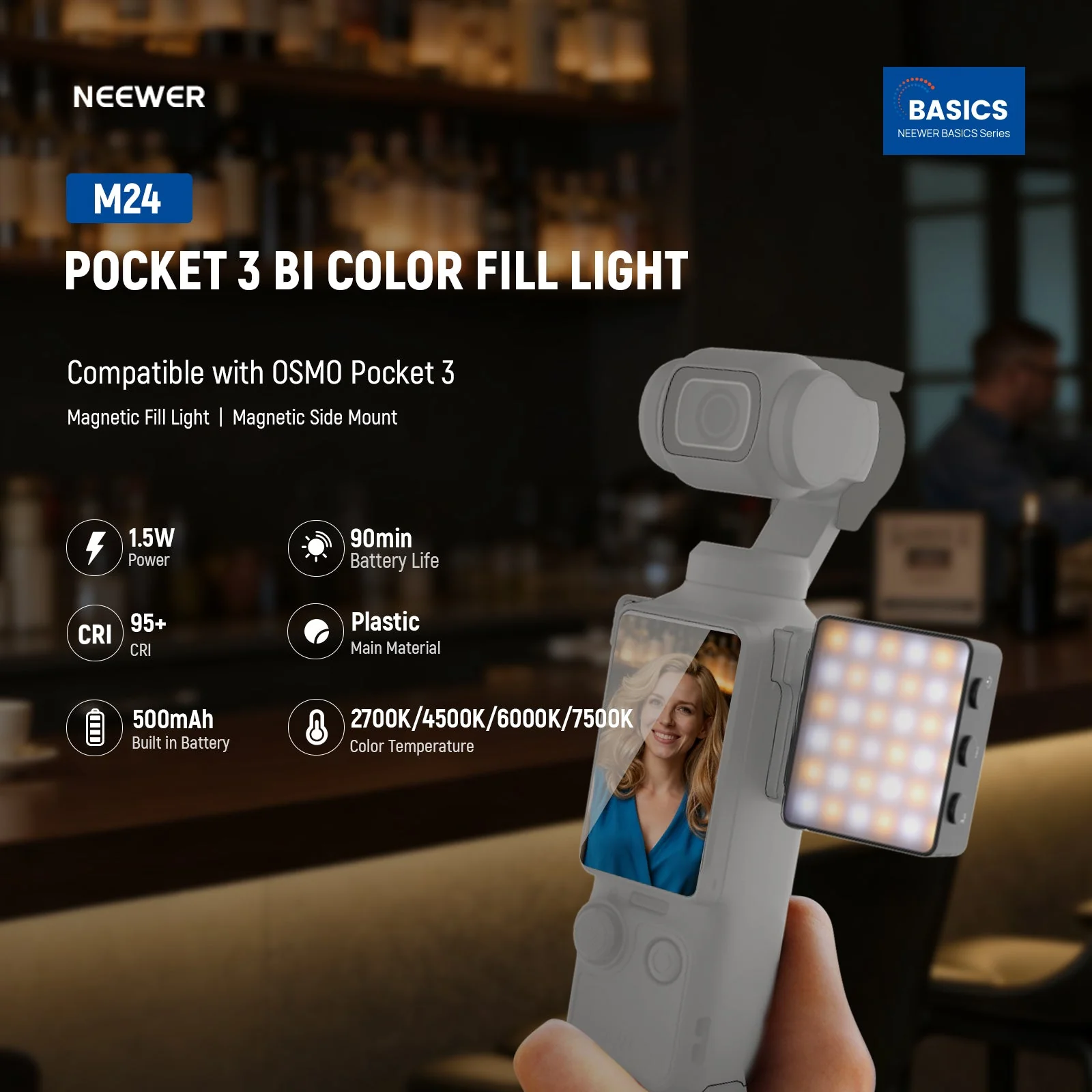 NEEWER BASICS M24 Bi-Color Magnetic LED Fill Light For DJI Osmo Pocket 3 - Image 2