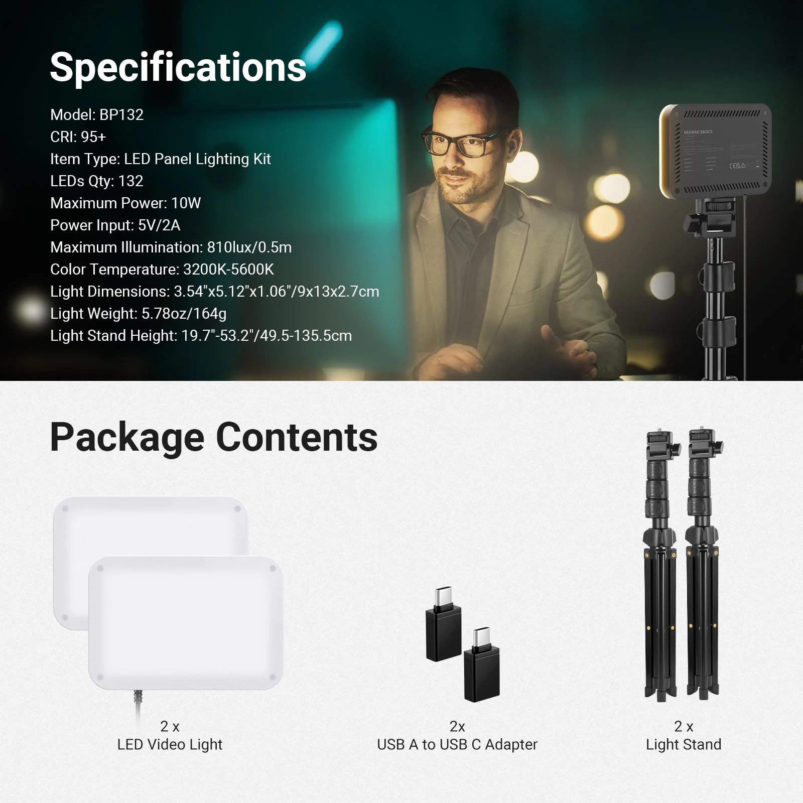 NEEWER BASICS BP132 2 Pack LED Video Light Panel Lighting Kit - Image 9