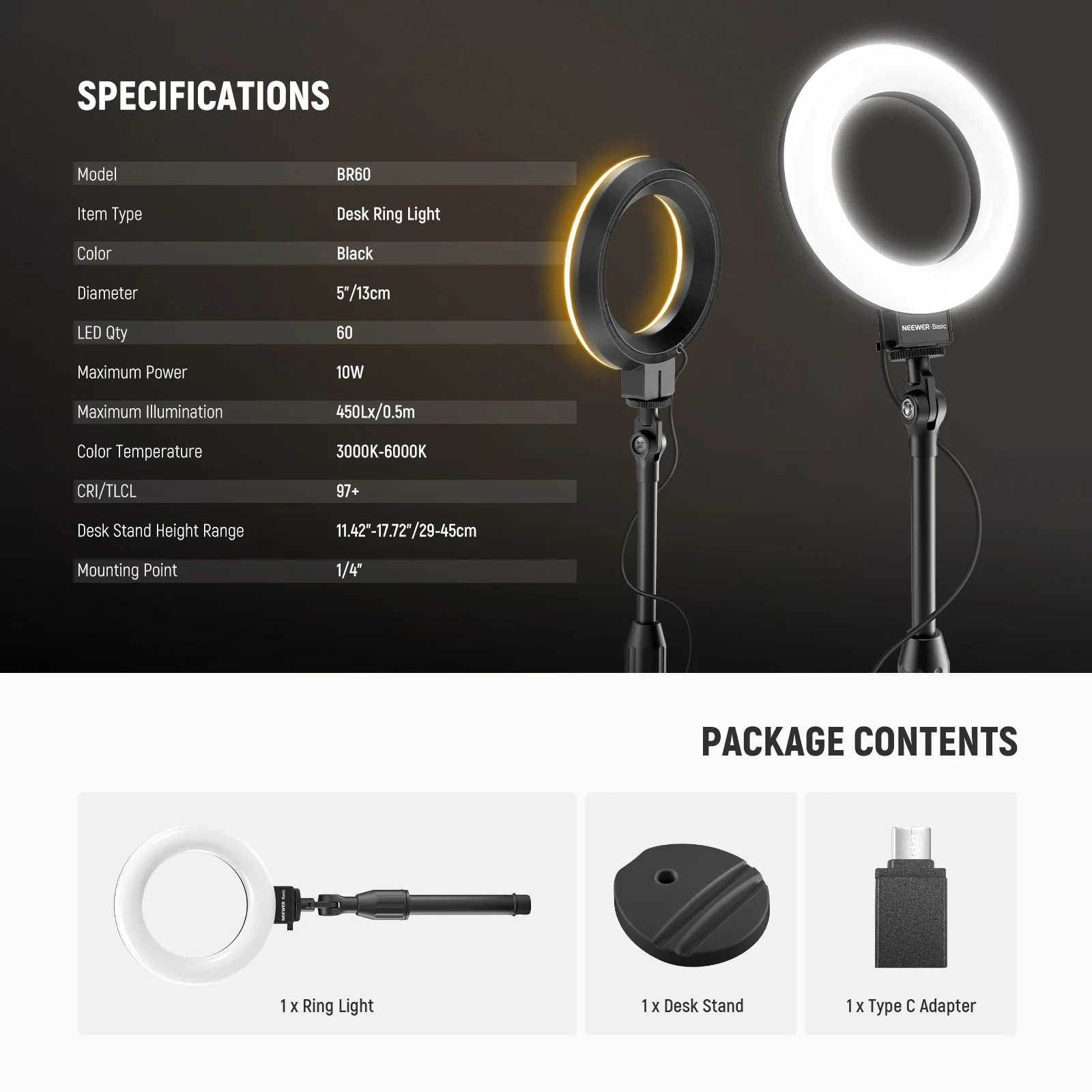 NEEWER BASICS BR60 5"/13cm Desk Ring Light with Stand - Image 16