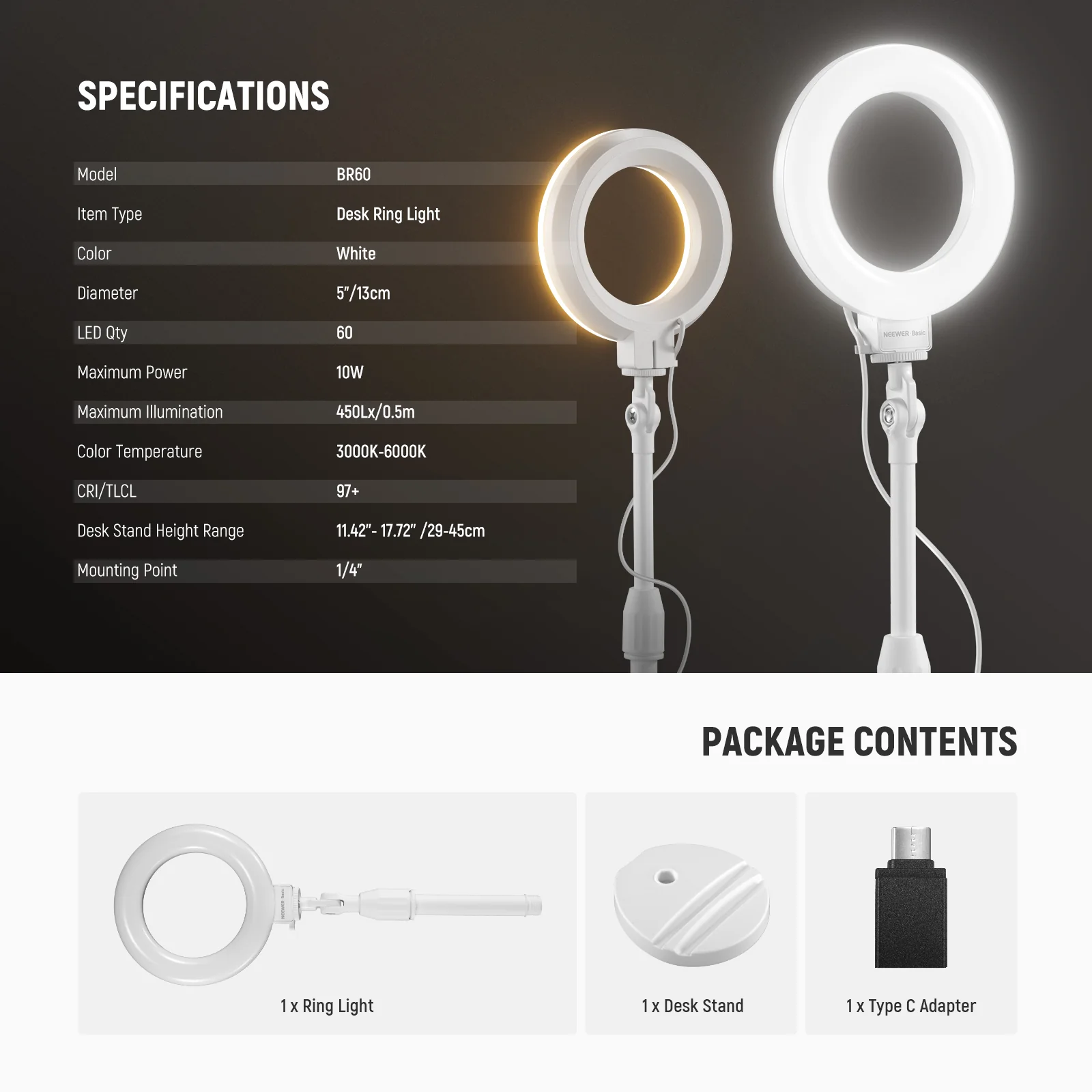 NEEWER BASICS BR60 5"/13cm Desk Ring Light with Stand - Image 8
